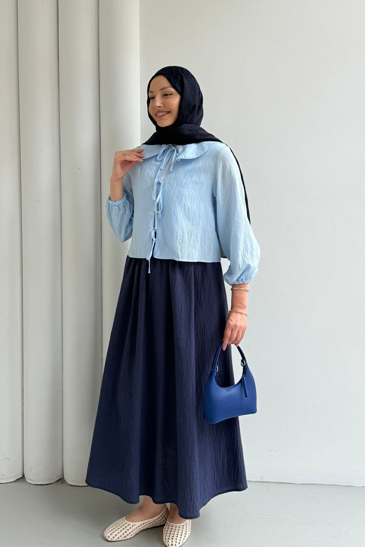 Mendil Yaka Bağlama Detaylı Bluz-BEBE MAVİ