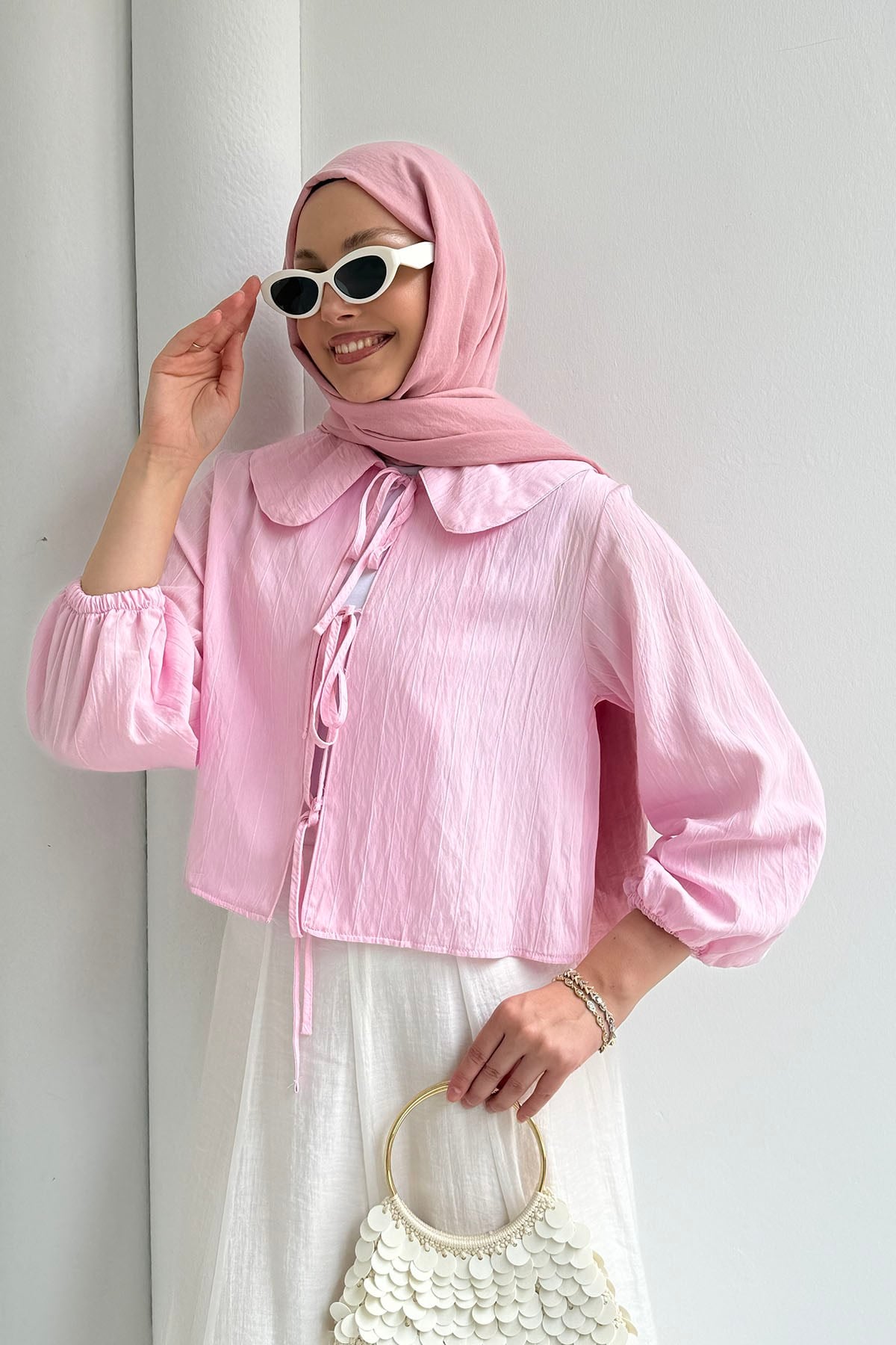 Mendil Yaka Bağlama Detaylı Bluz-PEMBE