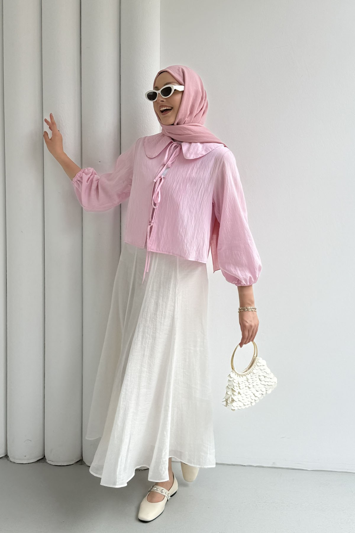 Mendil Yaka Bağlama Detaylı Bluz-PEMBE