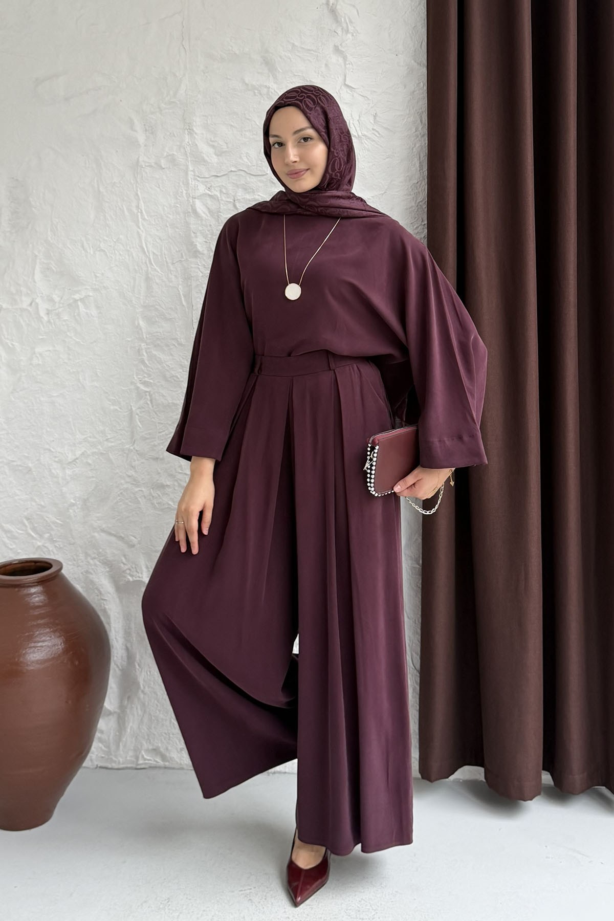 Modal Dökümlü Üst Yırtmaçlı Tesettür Pantolon Takımı-BORDO