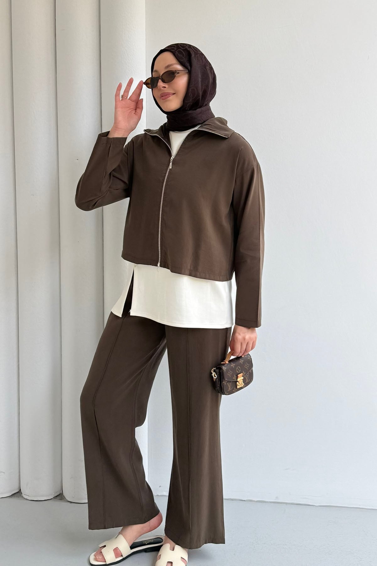 Modal Kumaş 3lü Pantolonlu Tesettür Takım-KAHVERENGİ