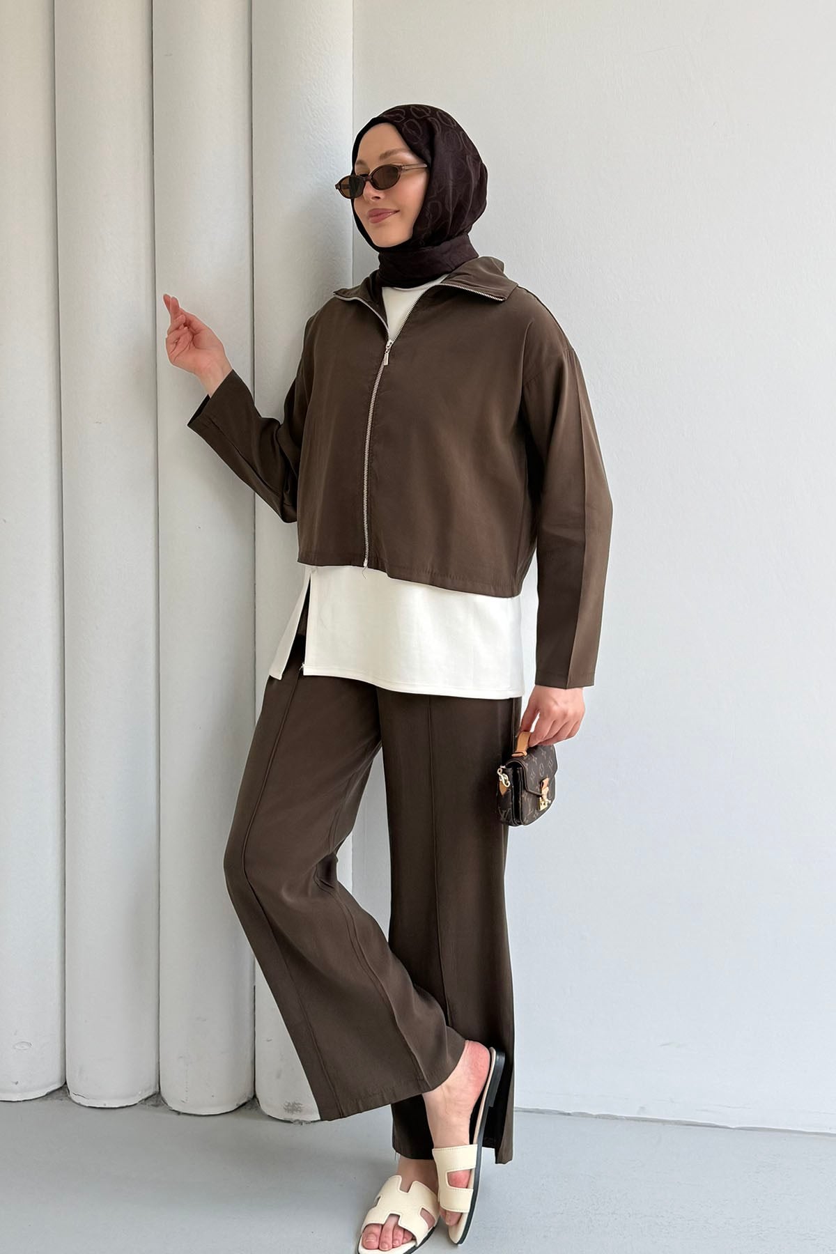Modal Kumaş 3lü Pantolonlu Tesettür Takım-KAHVERENGİ