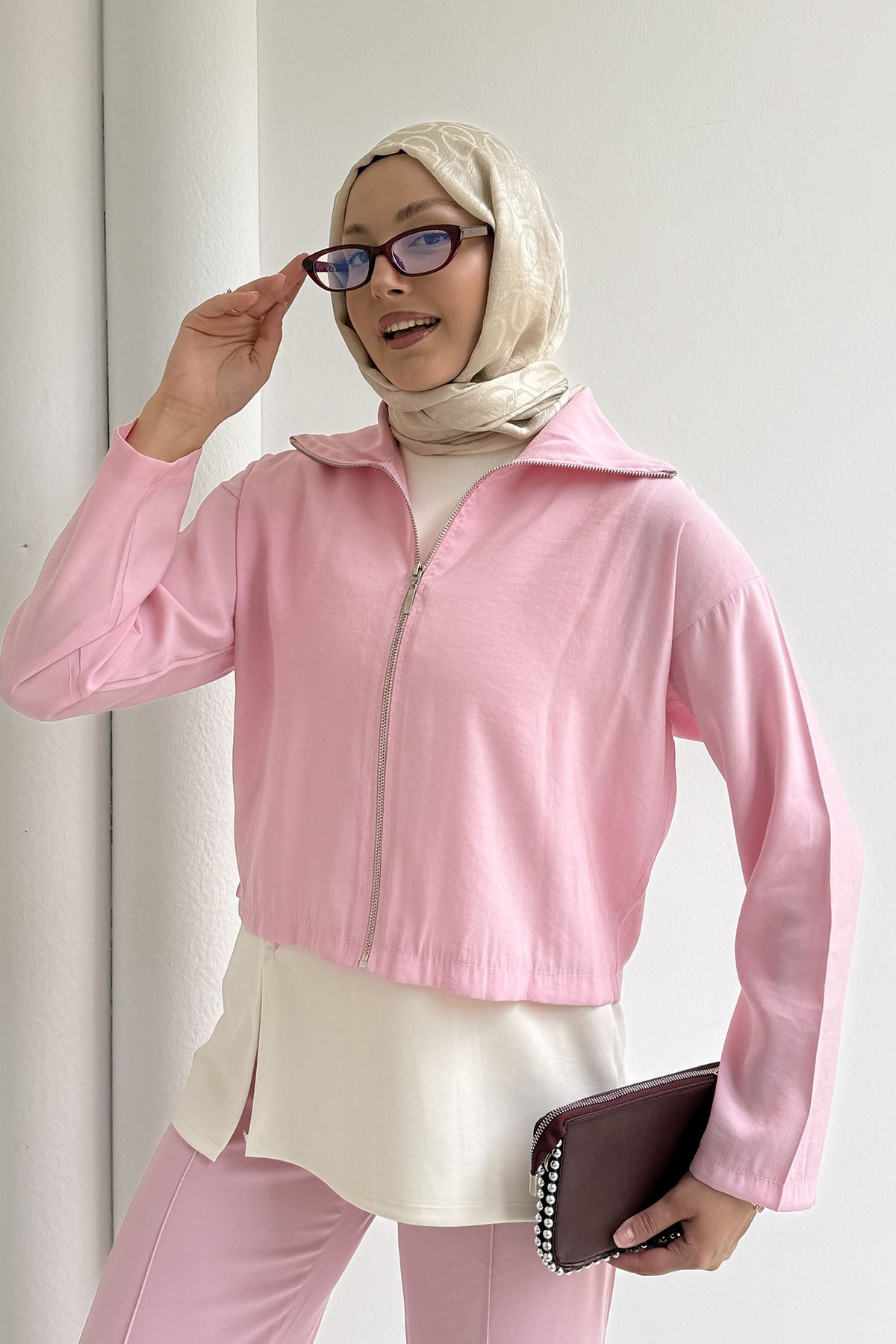 Modal Kumaş 3lü Pantolonlu Tesettür Takım-PEMBE