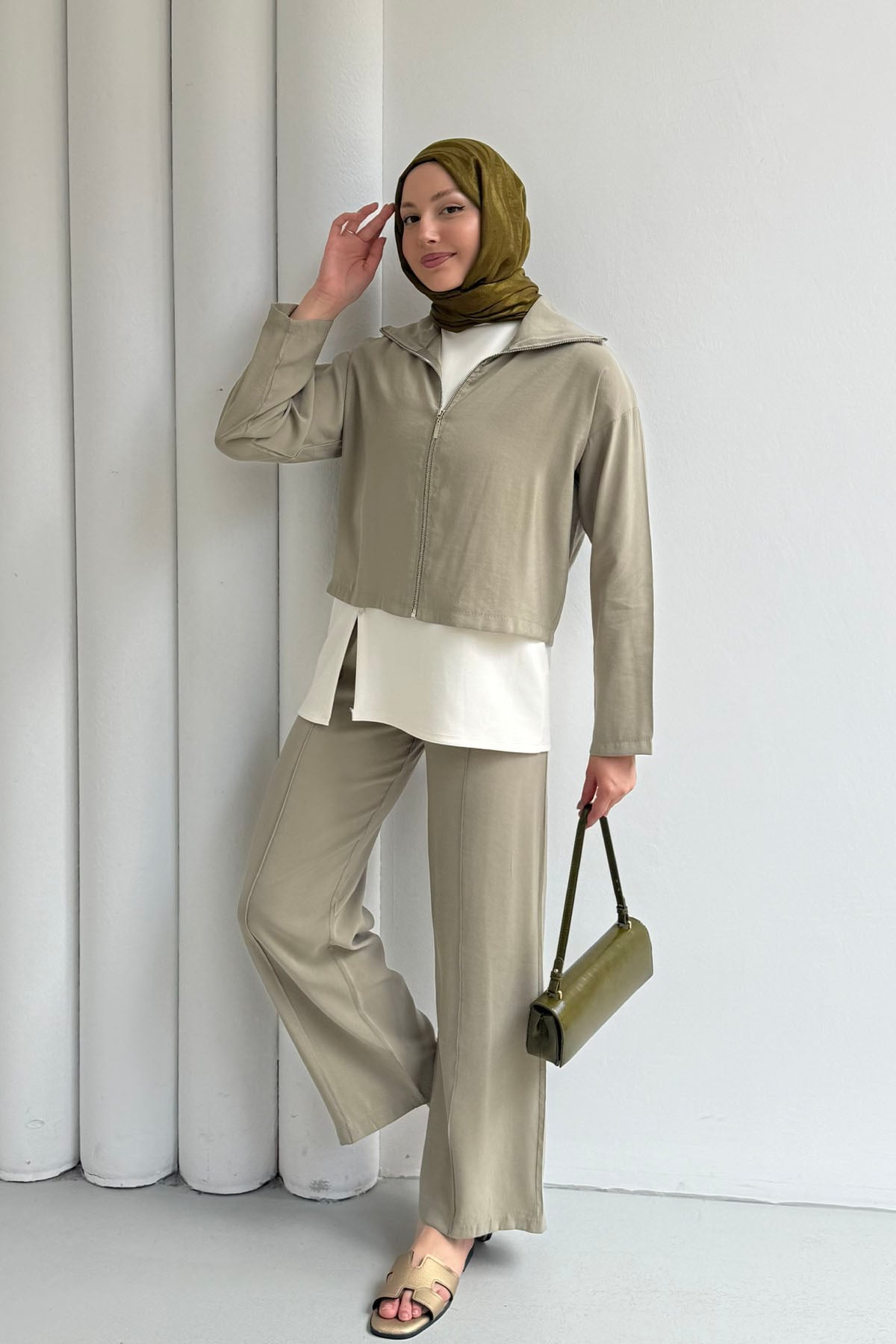 Modal Kumaş 3lü Pantolonlu Tesettür Takım-MİNT YEŞİLİ