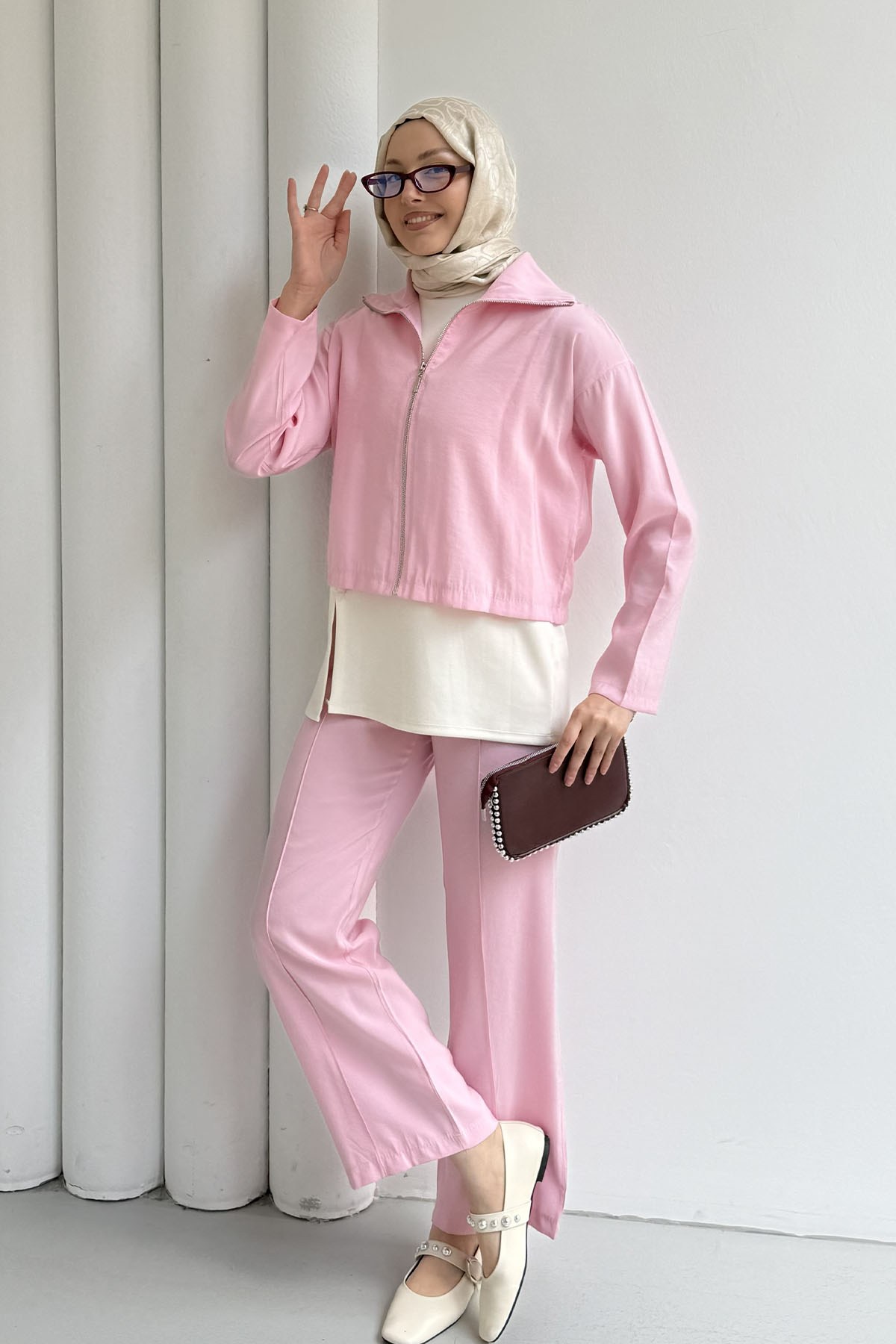 Modal Kumaş 3lü Pantolonlu Tesettür Takım-PEMBE