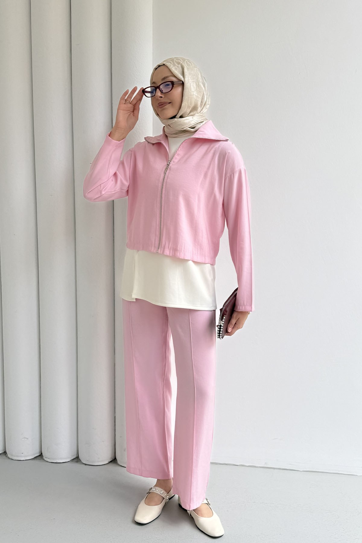 Modal Kumaş 3lü Pantolonlu Tesettür Takım-PEMBE