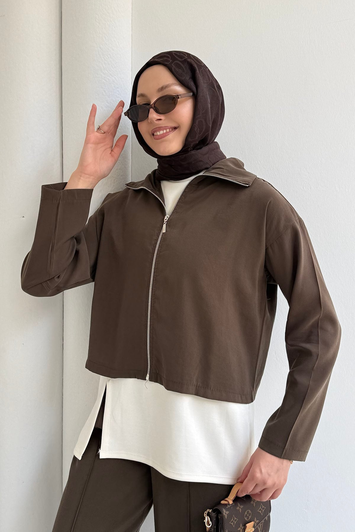 Modal Kumaş 3lü Pantolonlu Tesettür Takım-KAHVERENGİ