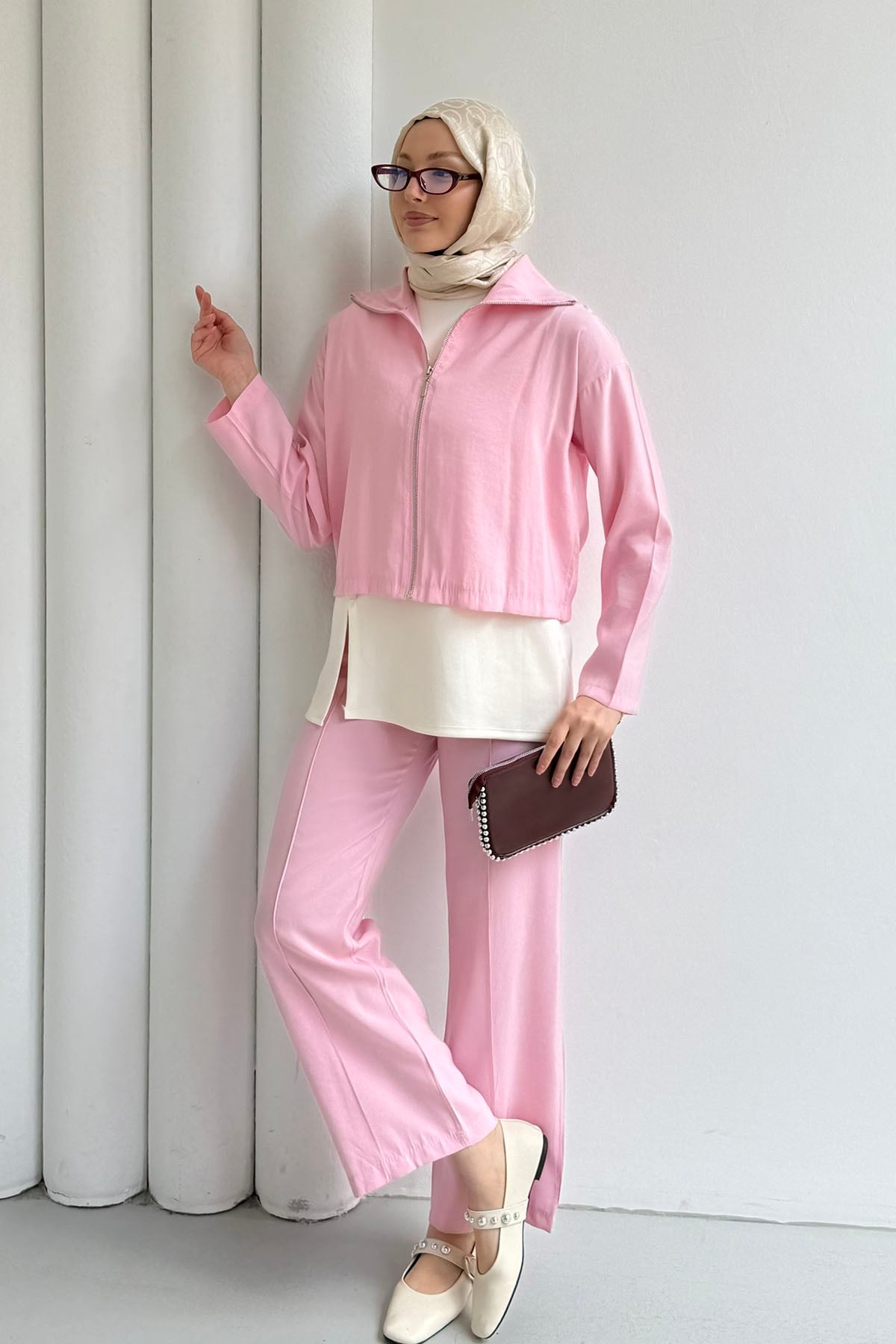 Modal Kumaş 3lü Pantolonlu Tesettür Takım-PEMBE