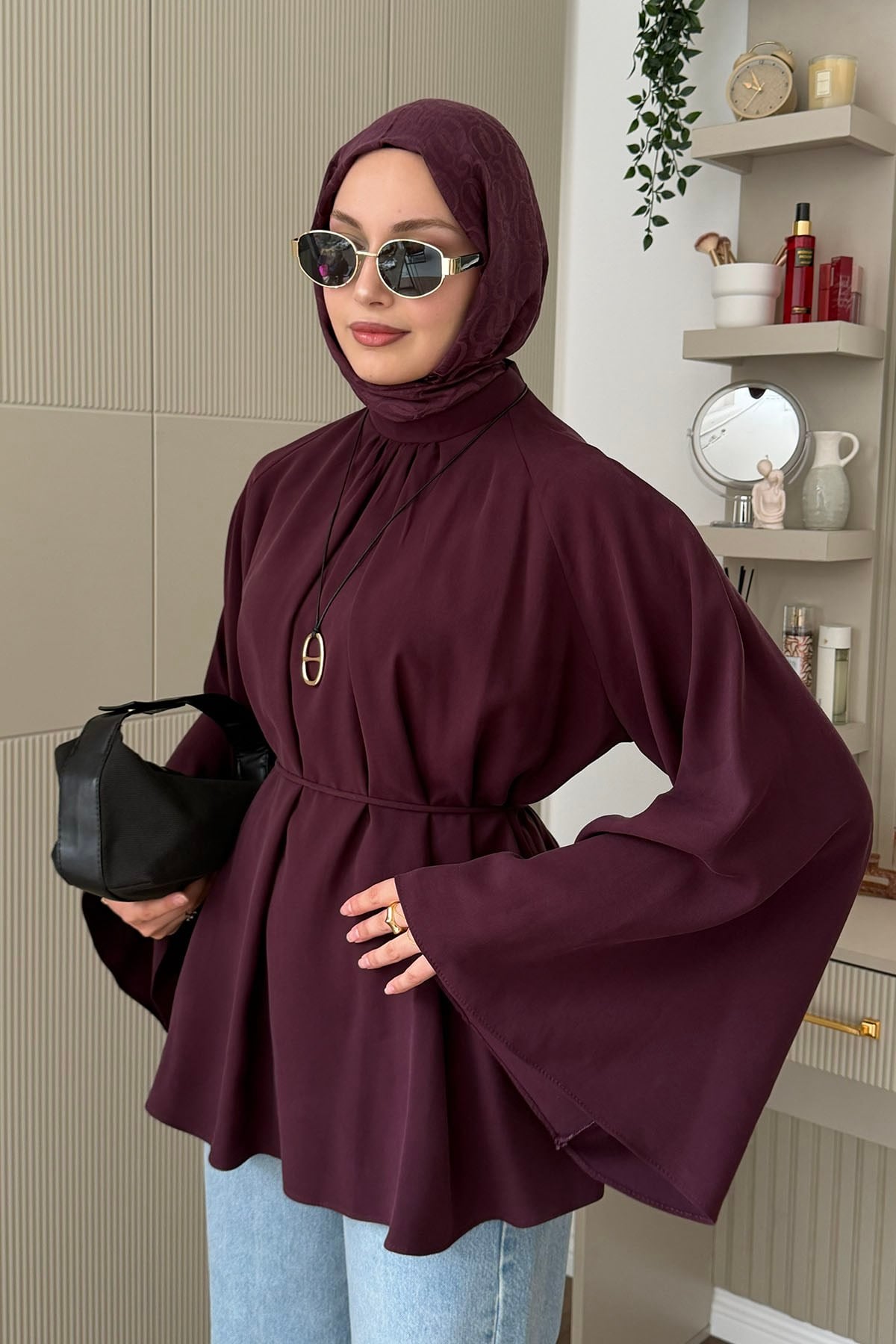 Modal Kumaş Büzgü Detaylı Biye Kemerli Salaş Bluz-BORDO