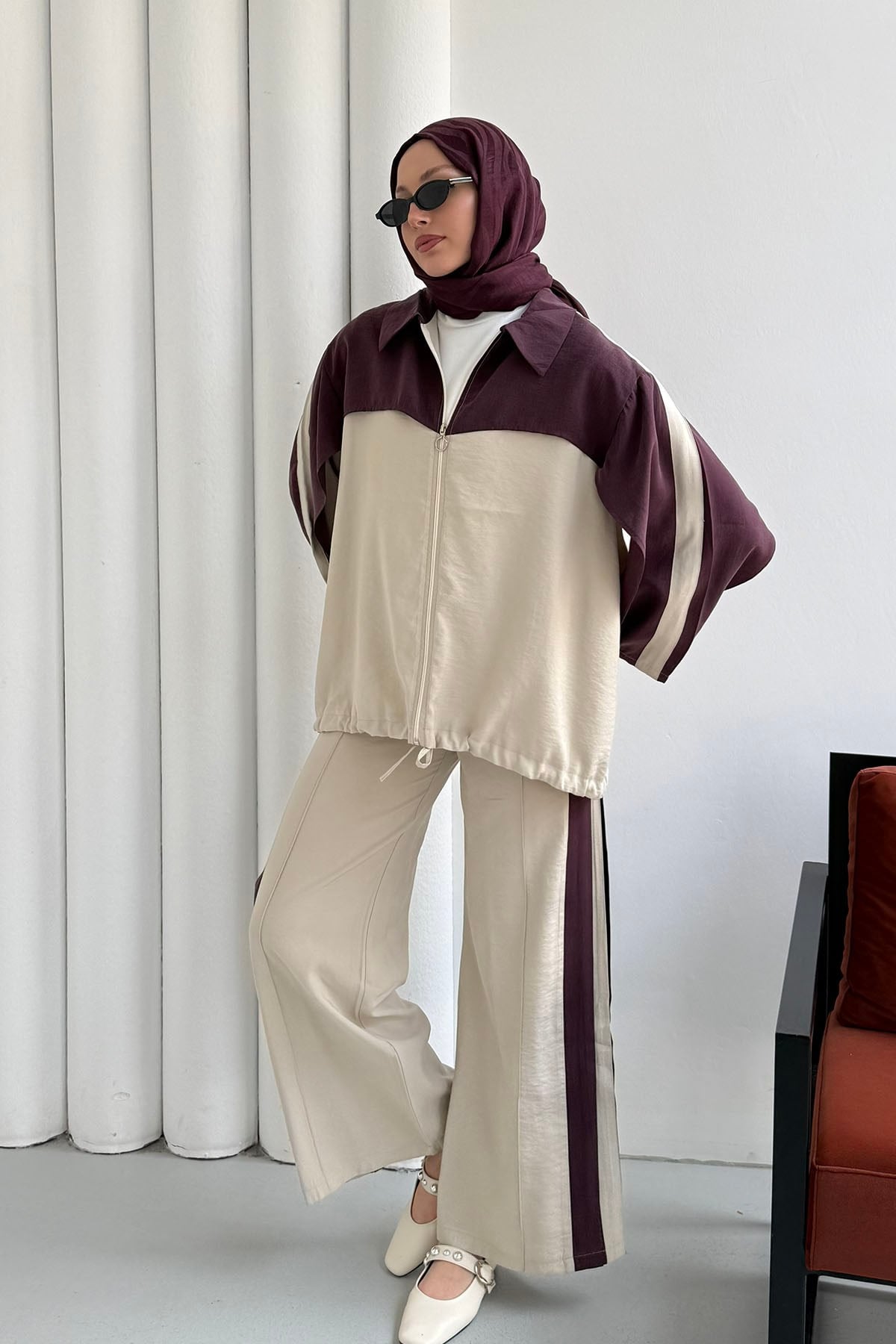 Modal Kumaş Fermuar Garnili Pantolonlu Tesettür Takım-BORDO