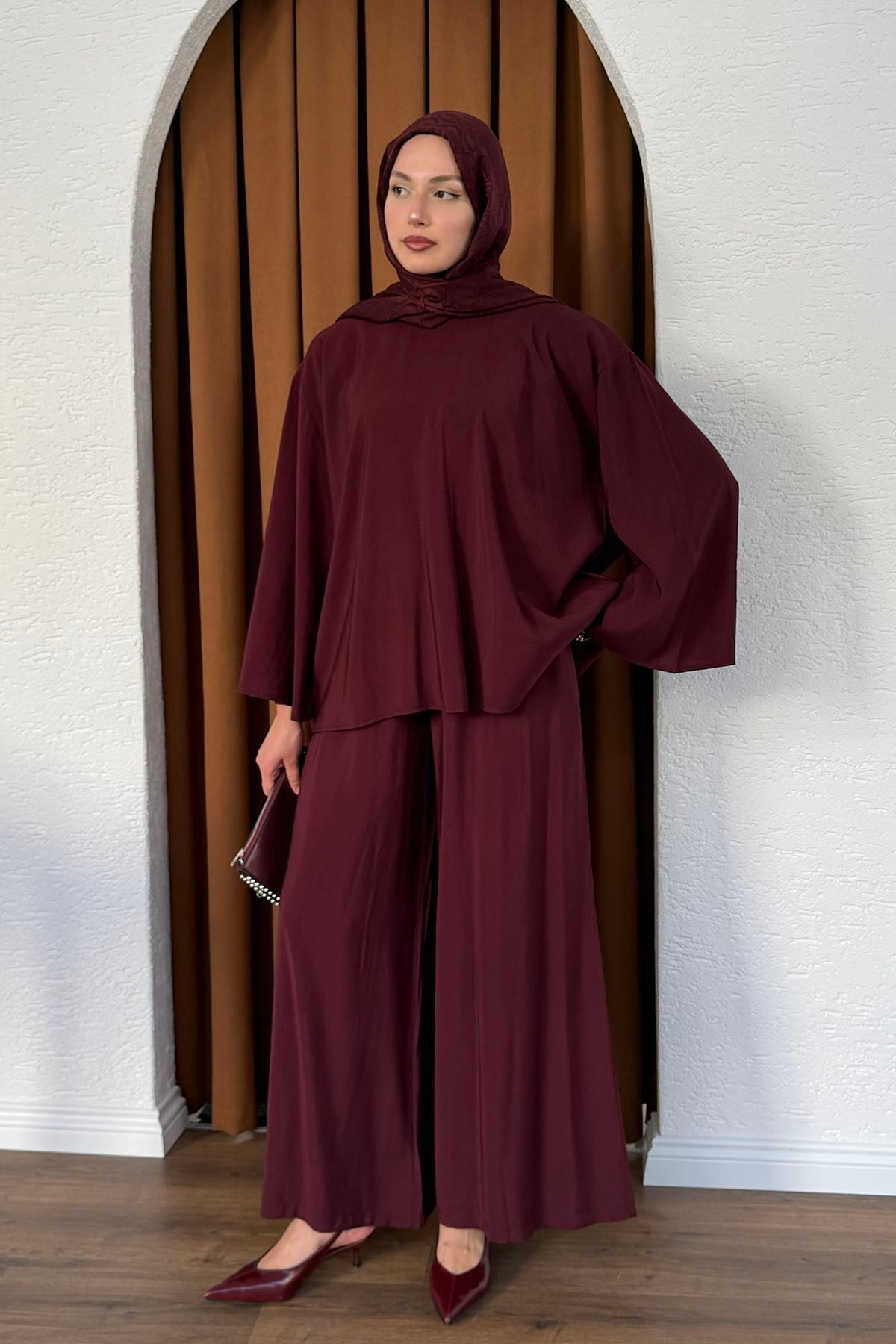 Modal Kumaş Geniş Kollu Gömlek Yaka Tesettür Takım-BORDO