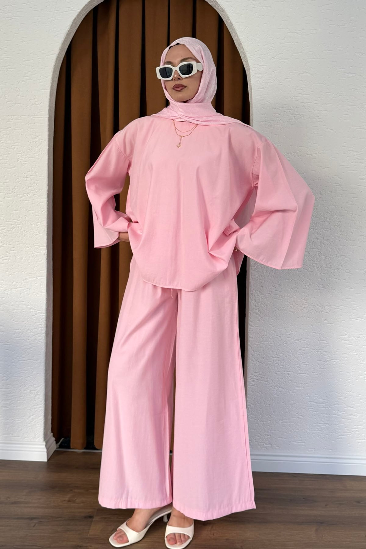 Modal Kumaş Geniş Kollu Gömlek Yaka Tesettür Takım-PEMBE