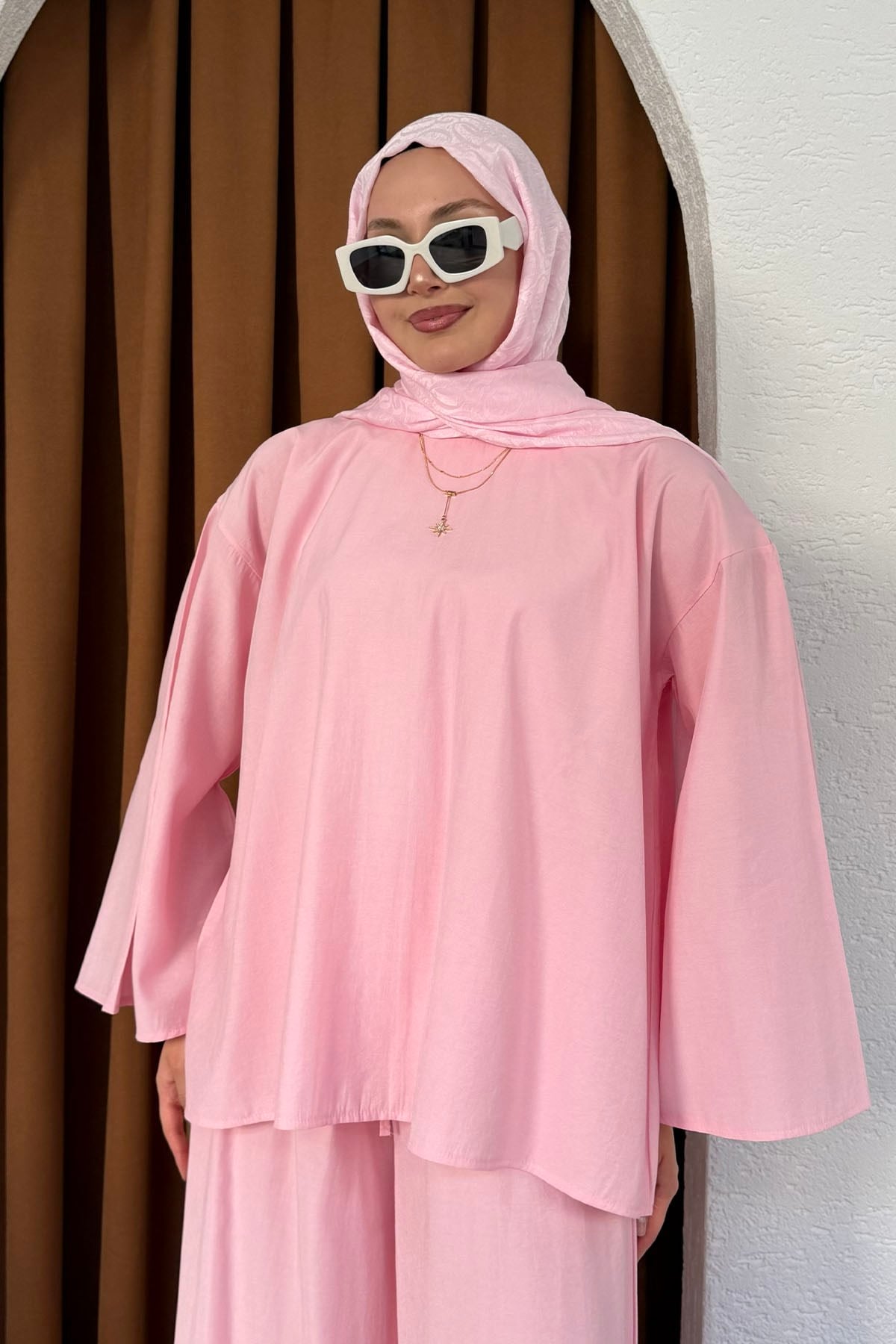Modal Kumaş Geniş Kollu Gömlek Yaka Tesettür Takım-PEMBE