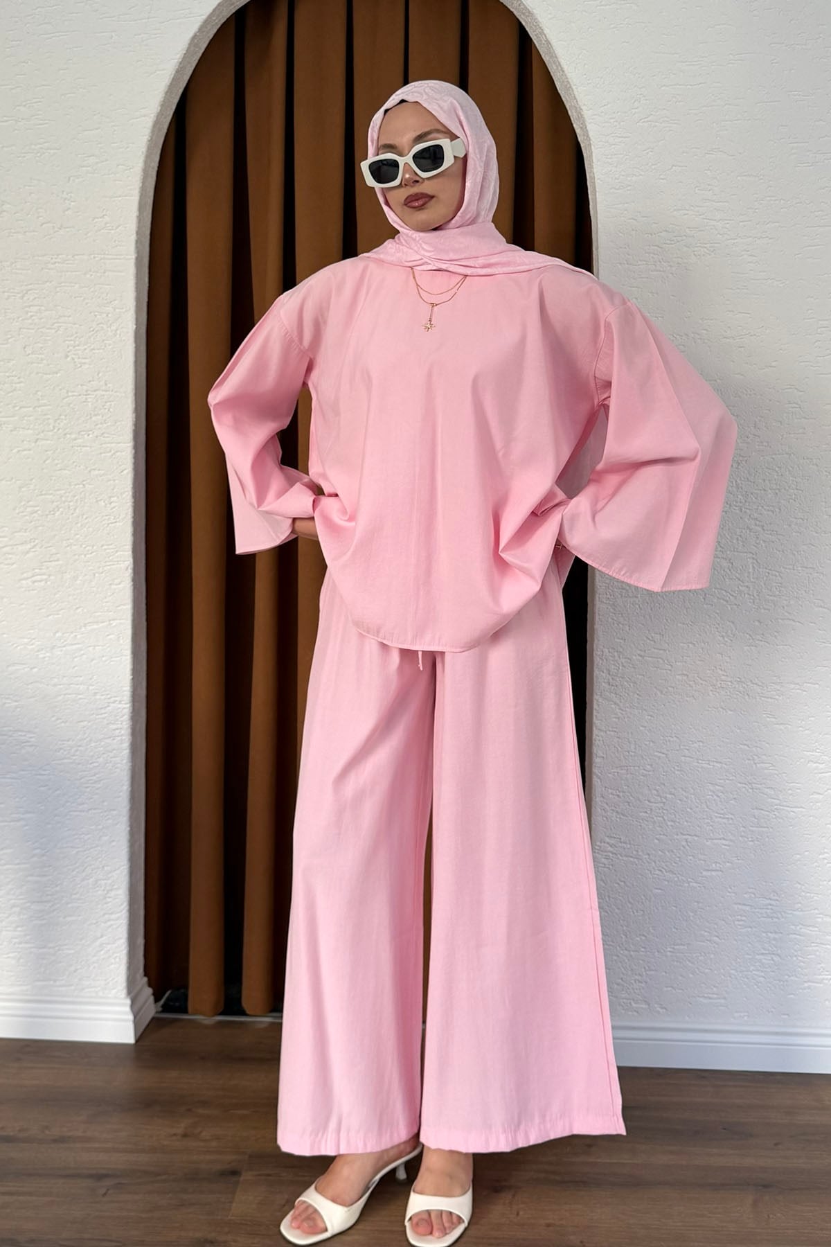 Modal Kumaş Geniş Kollu Gömlek Yaka Tesettür Takım-PEMBE