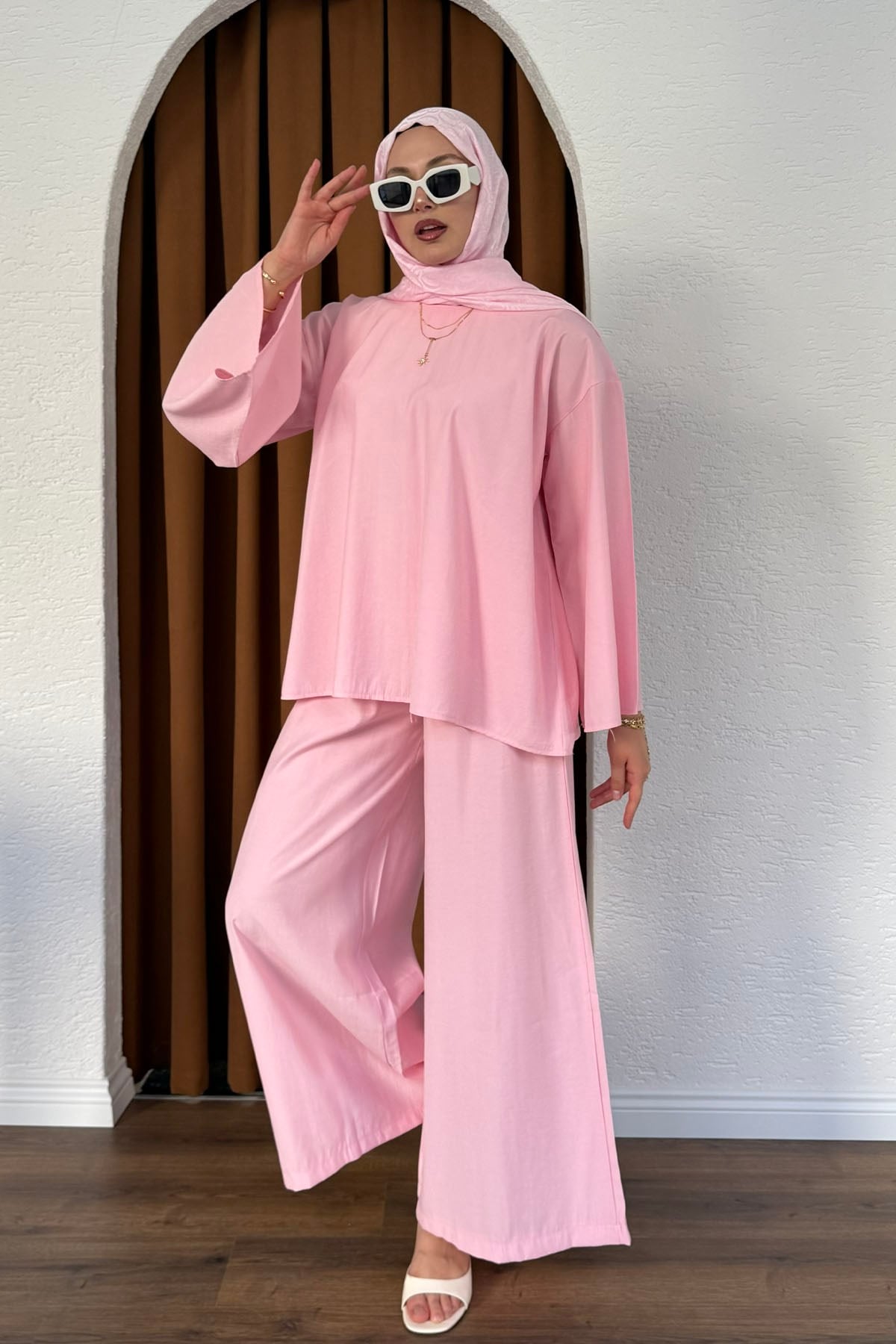 Modal Kumaş Geniş Kollu Gömlek Yaka Tesettür Takım-PEMBE