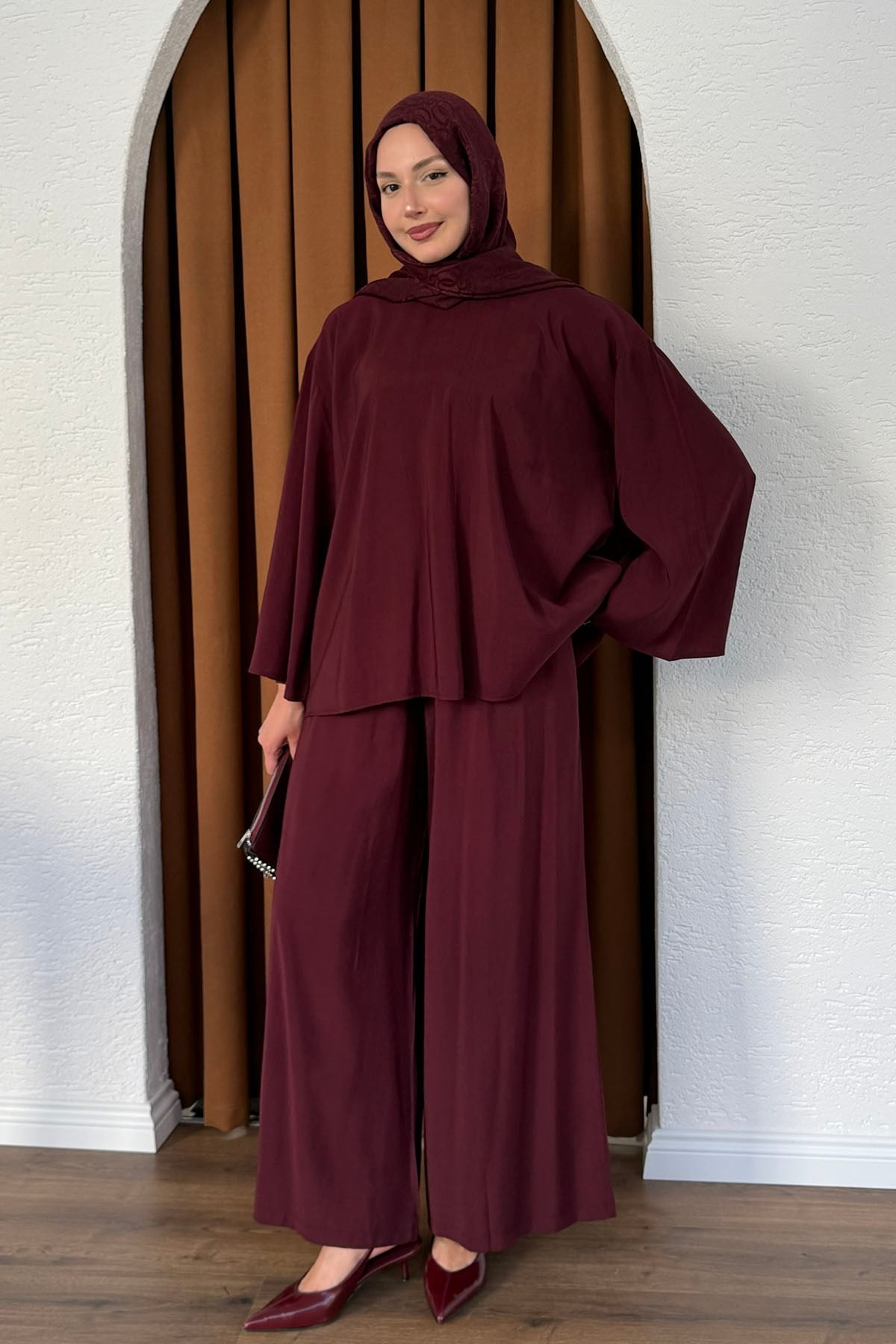 Modal Kumaş Geniş Kollu Gömlek Yaka Tesettür Takım-BORDO