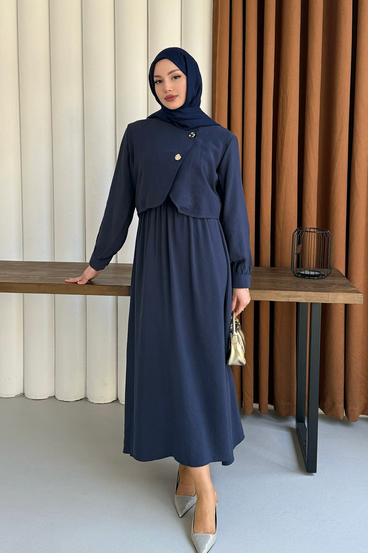 Mono Beli Lastikli Yelek Detaylı Tesettür Elbise-LACİVERT