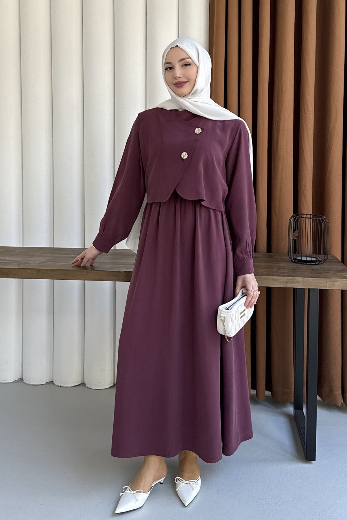 Mono Beli Lastikli Yelek Detaylı Tesettür Elbise-BORDO
