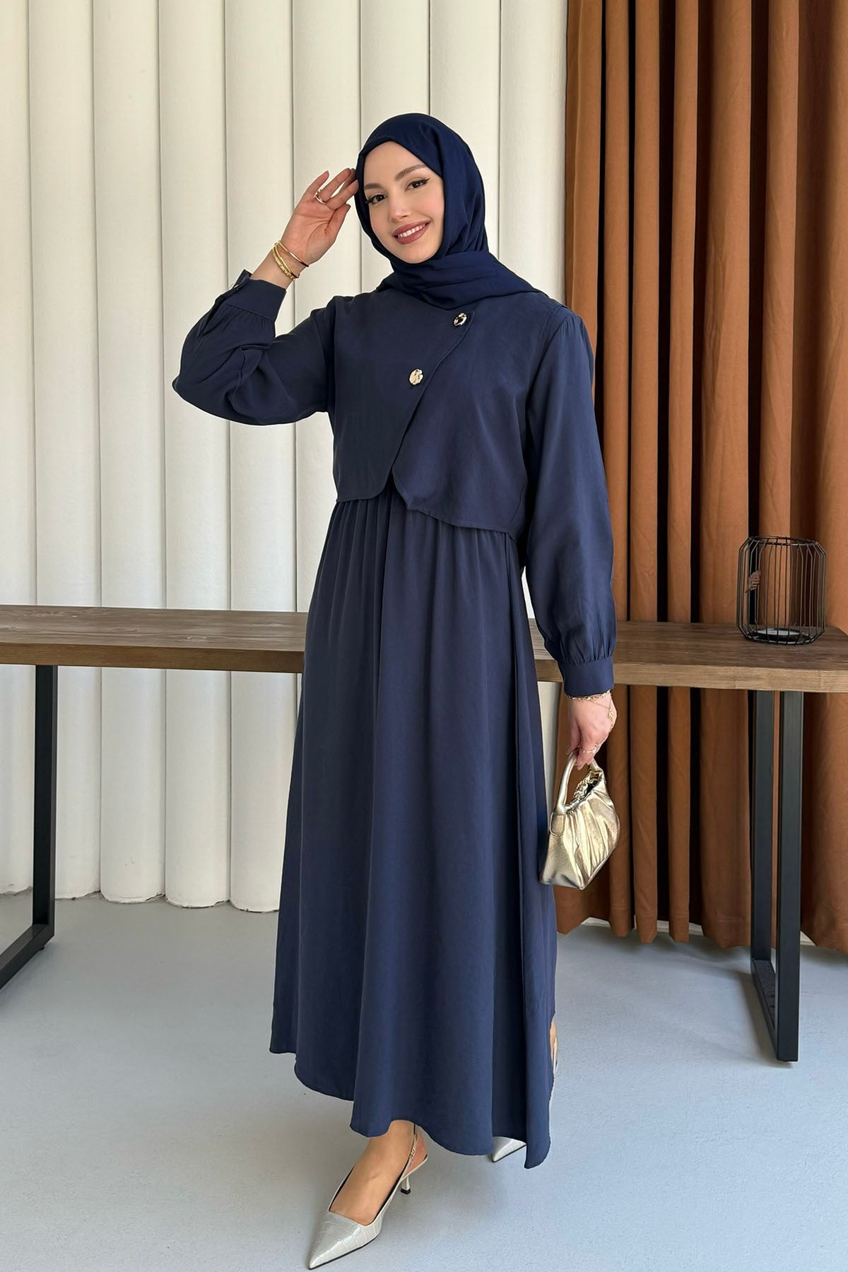 Mono Beli Lastikli Yelek Detaylı Tesettür Elbise-LACİVERT