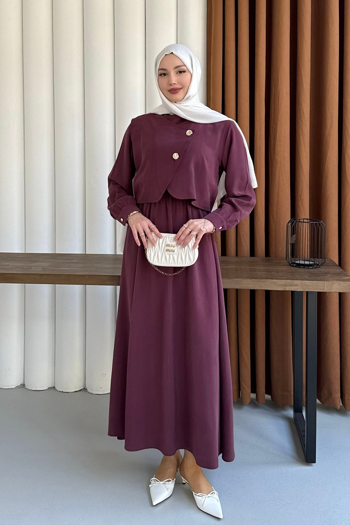 Mono Beli Lastikli Yelek Detaylı Tesettür Elbise-BORDO