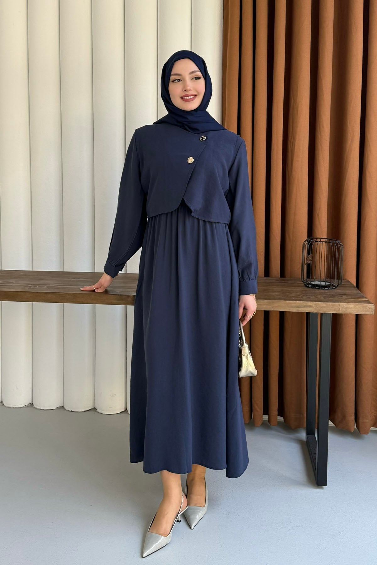 Mono Beli Lastikli Yelek Detaylı Tesettür Elbise-LACİVERT