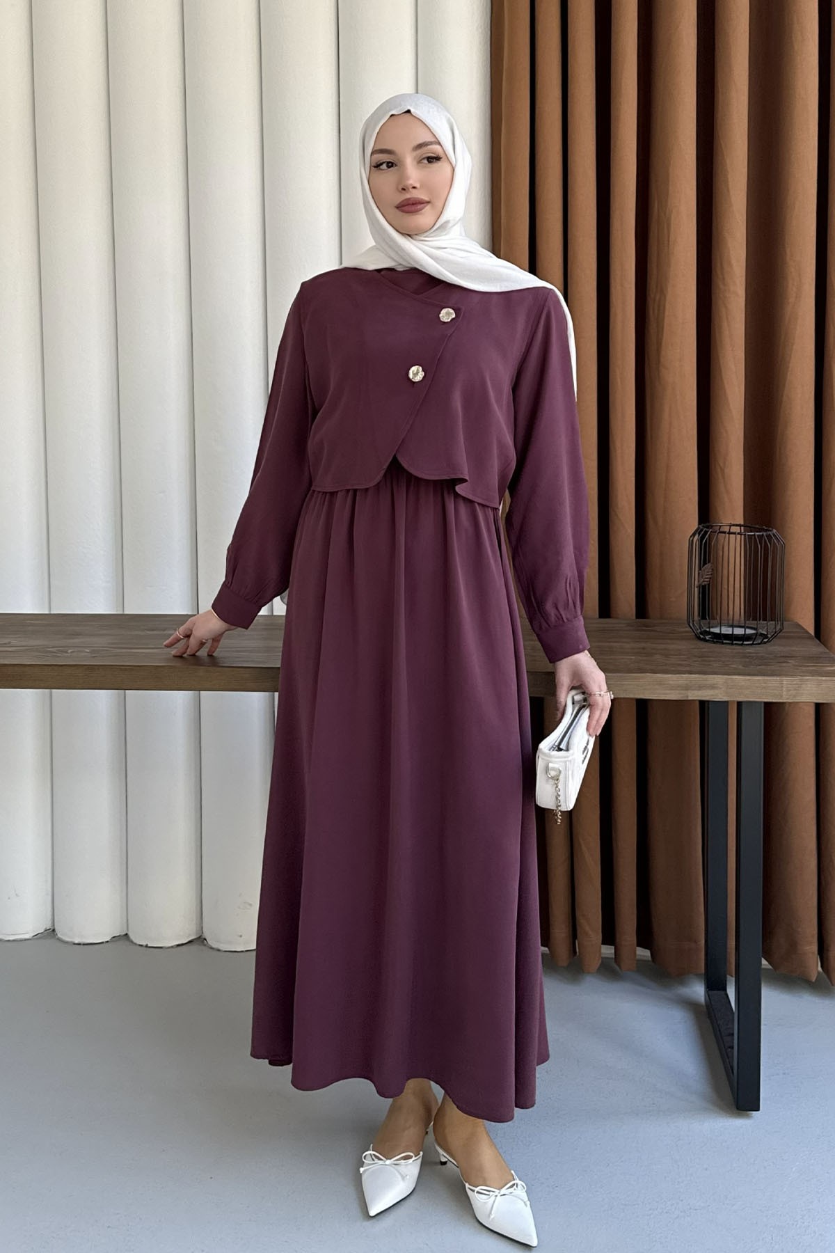 Mono Beli Lastikli Yelek Detaylı Tesettür Elbise-BORDO