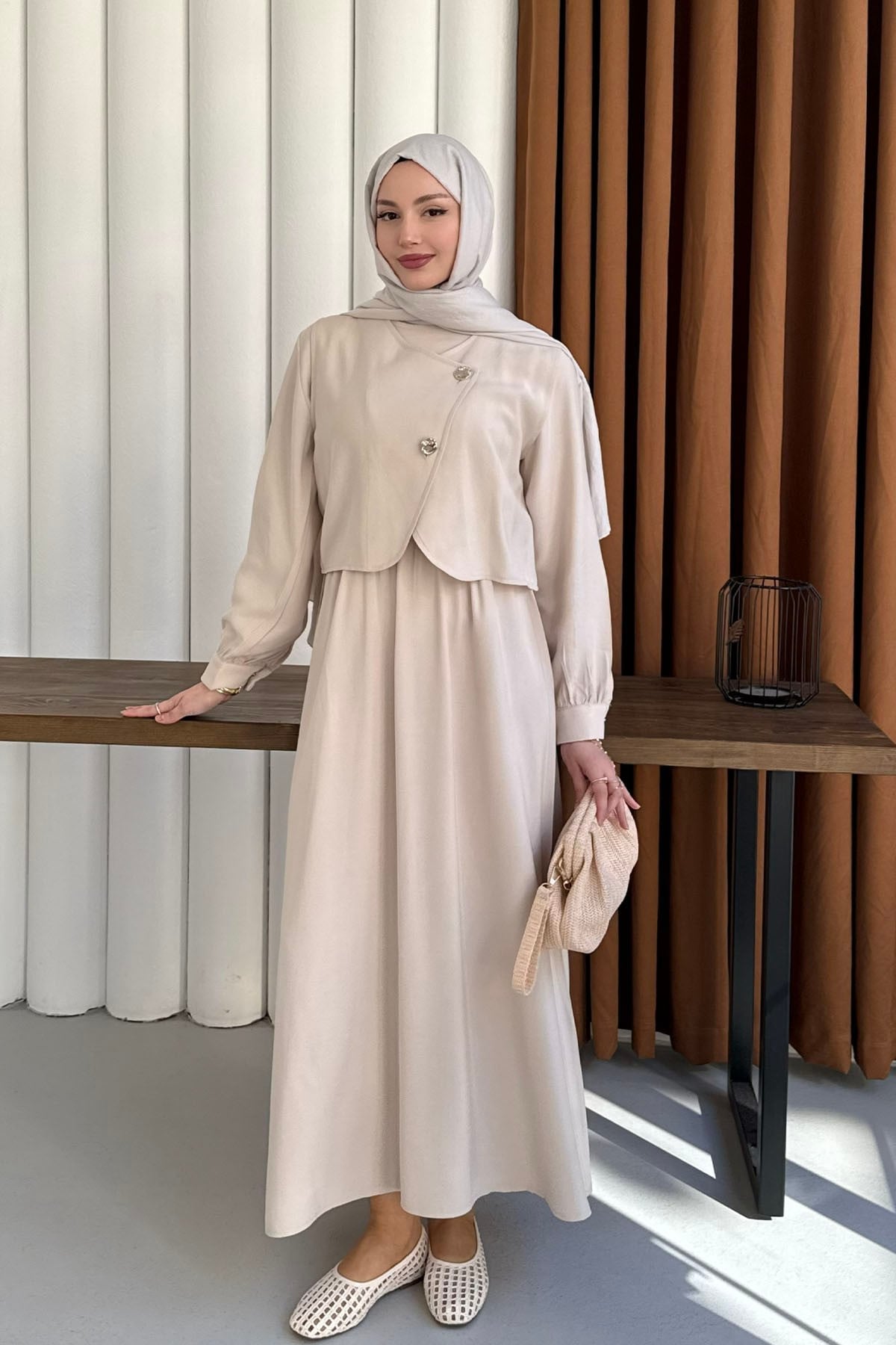 Mono Beli Lastikli Yelek Detaylı Tesettür Elbise-BEJ