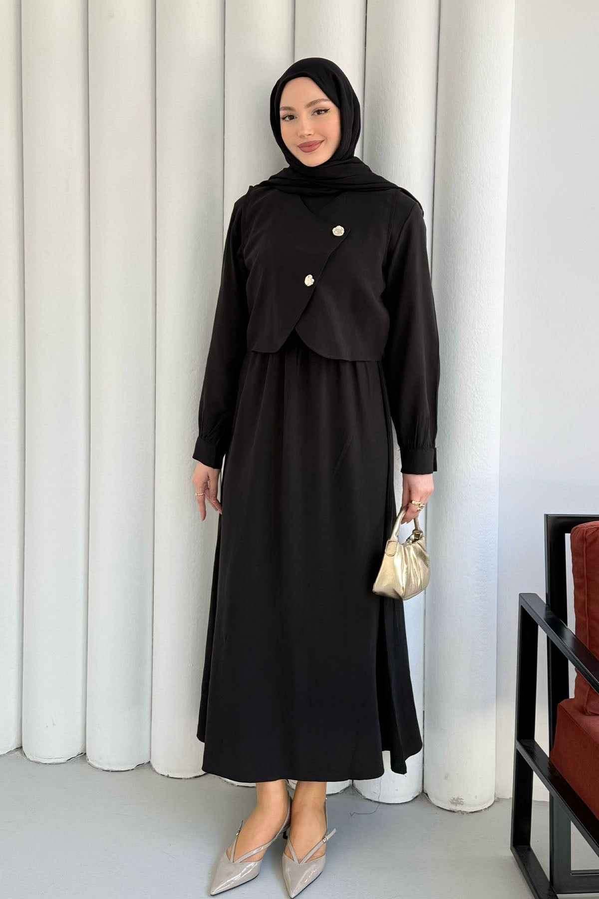 Mono Beli Lastikli Yelek Detaylı Tesettür Elbise-SİYAH
