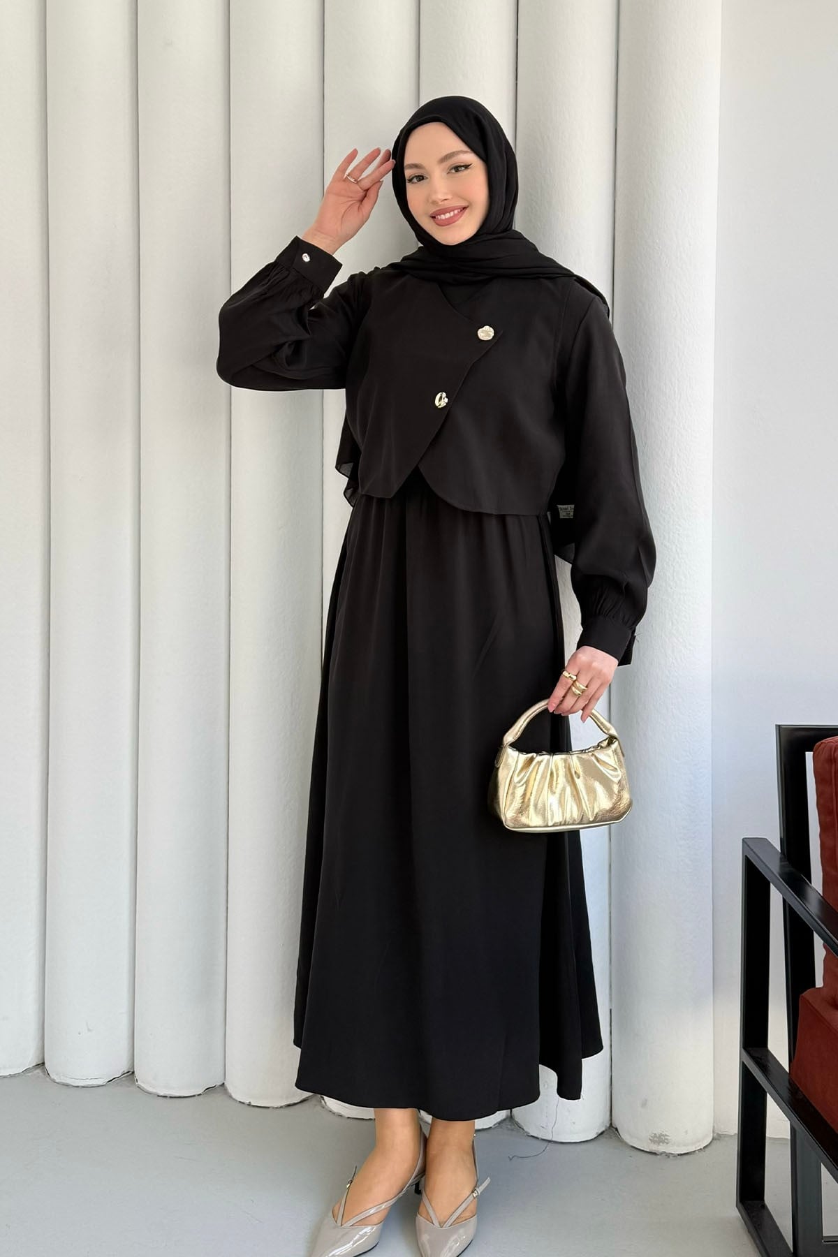 Mono Beli Lastikli Yelek Detaylı Tesettür Elbise-SİYAH