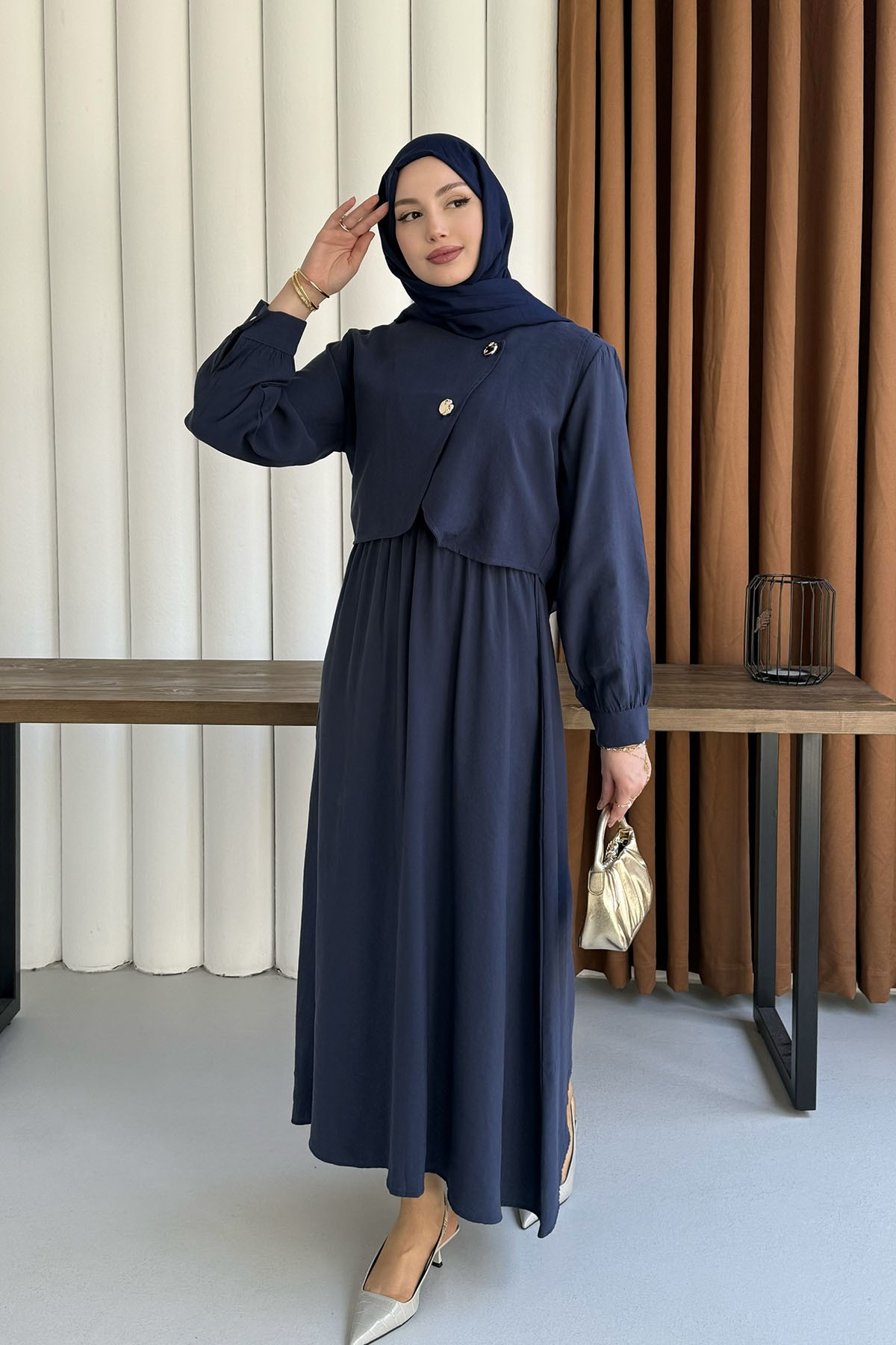 Mono Beli Lastikli Yelek Detaylı Tesettür Elbise-LACİVERT