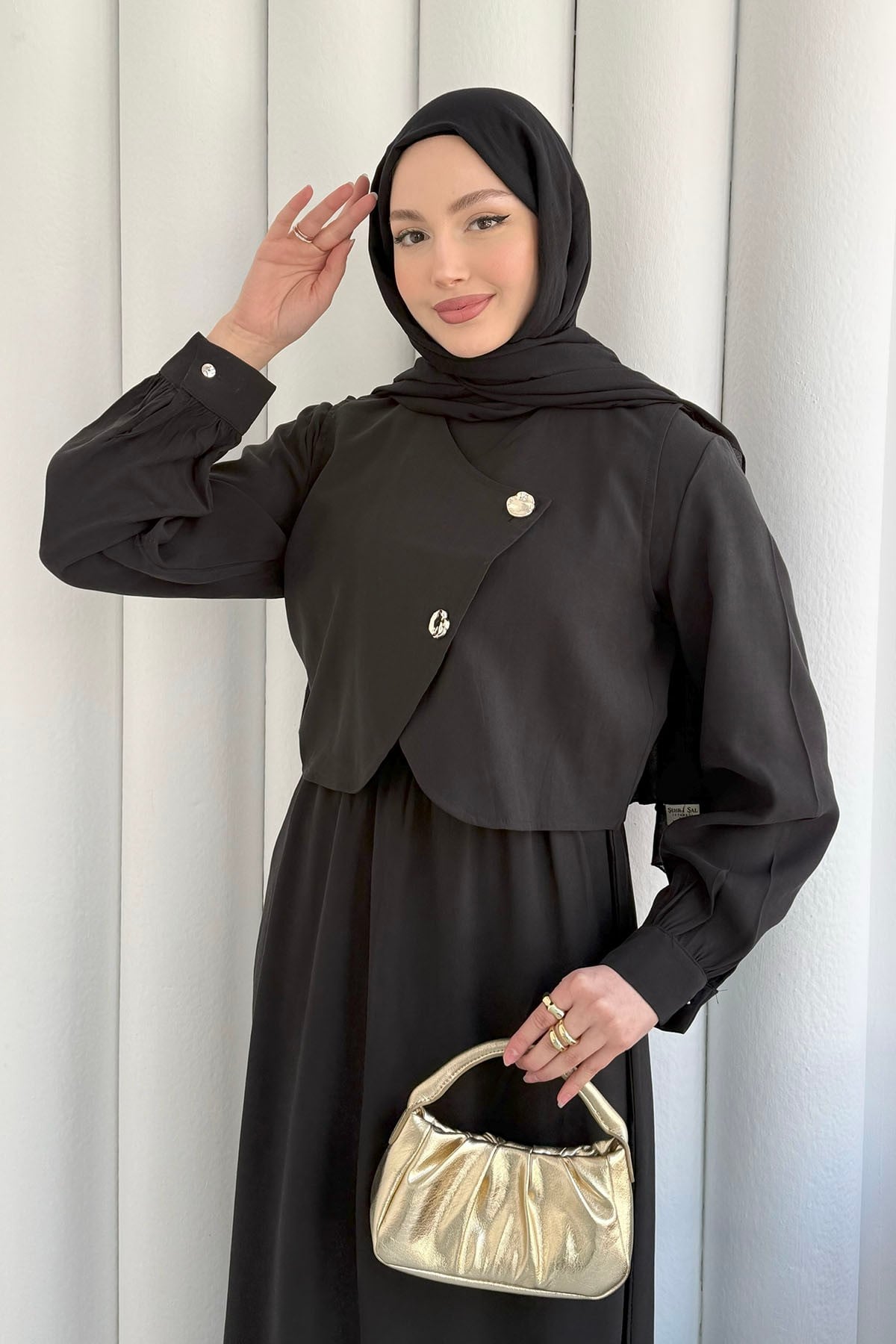 Mono Beli Lastikli Yelek Detaylı Tesettür Elbise-SİYAH