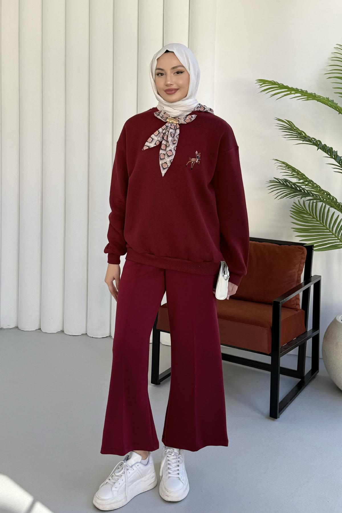 Nakışlı Fularlı Oversize Sweatshirt-BORDO