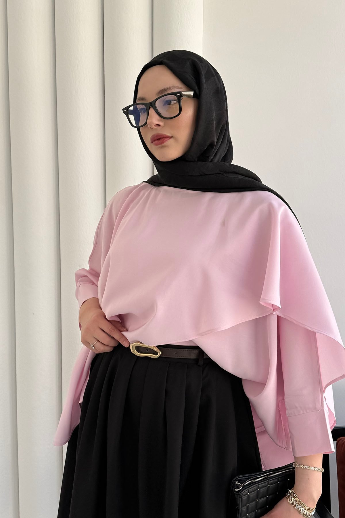Omuz Düğmeli Şal Detaylı Asimetrik Tunik-PEMBE