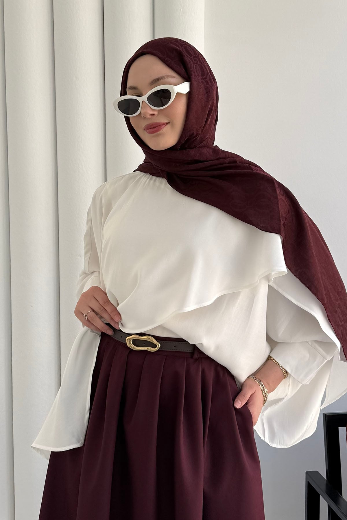 Omuz Düğmeli Şal Detaylı Asimetrik Tunik-EKRU