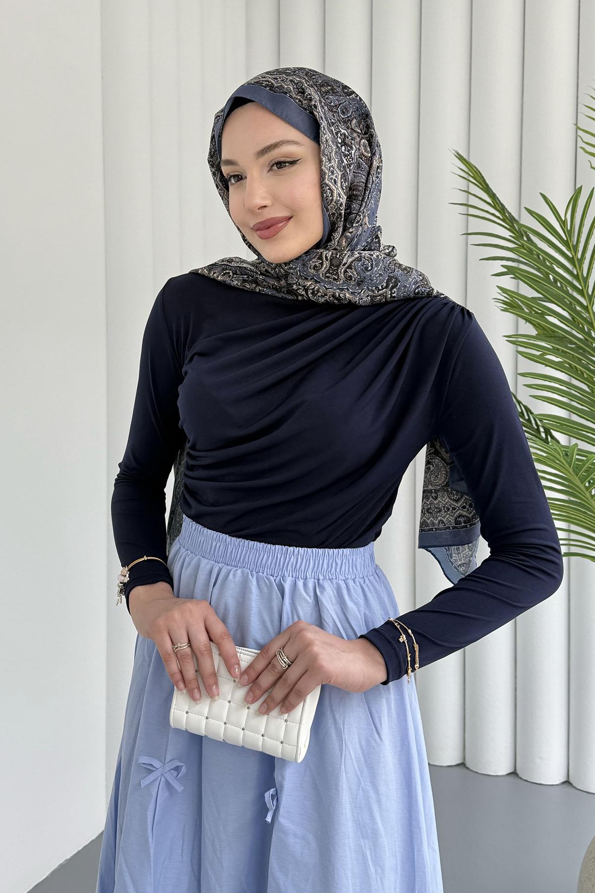 Omuz Pile Detay Sandy Bluz-LACİVERT