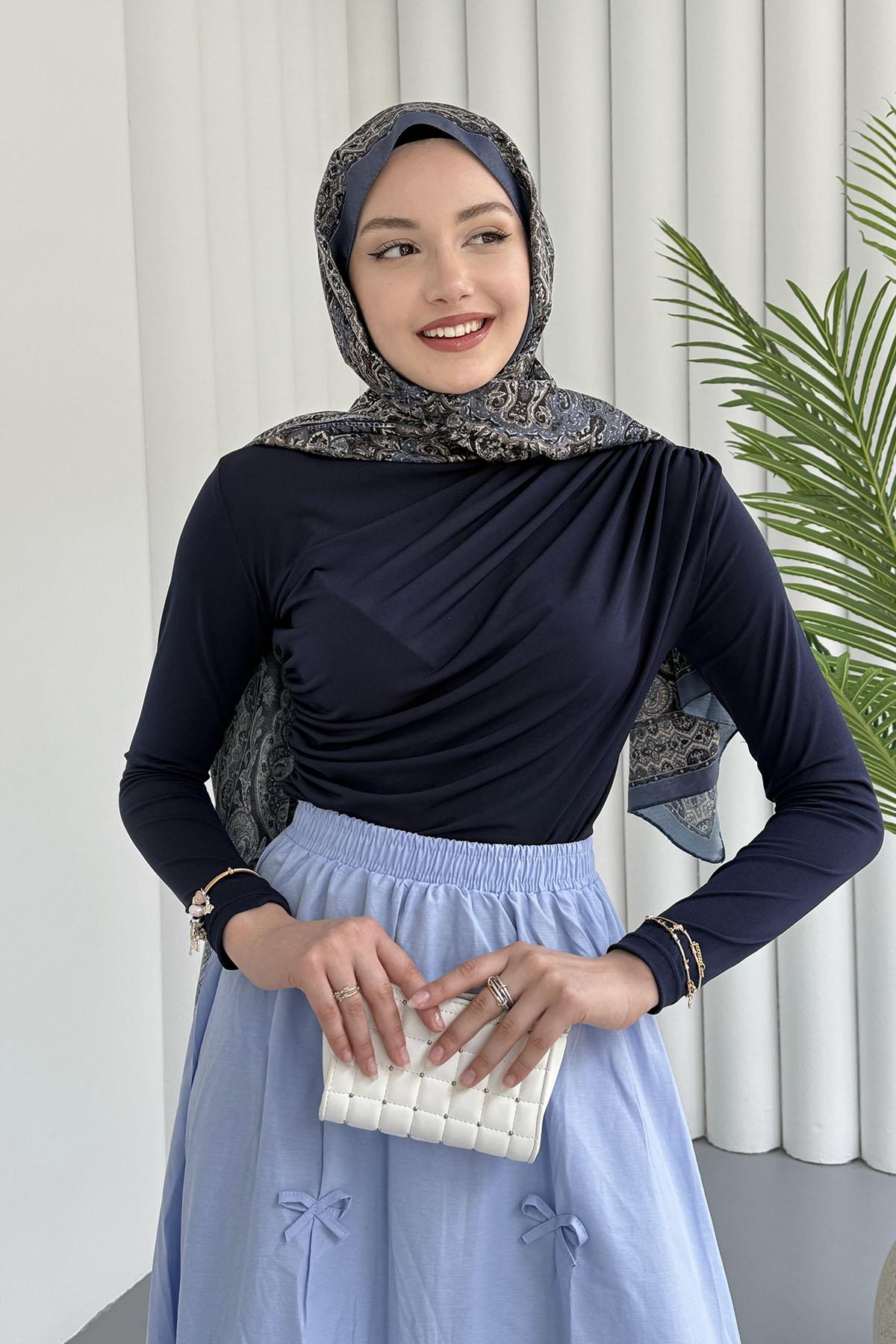 Omuz Pile Detay Sandy Bluz-LACİVERT