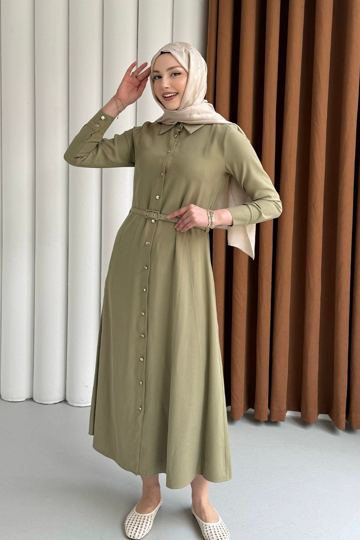 Ön Düğmeli Kemerli Tencel Gömlek Tesettür Elbise-MİNT YEŞİLİ