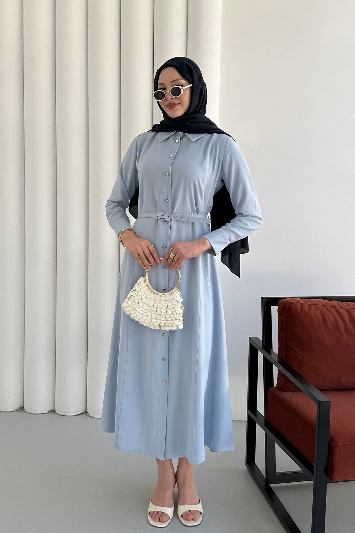 Ön Düğmeli Kemerli Tencel Gömlek Tesettür Elbise-BEBE MAVİ