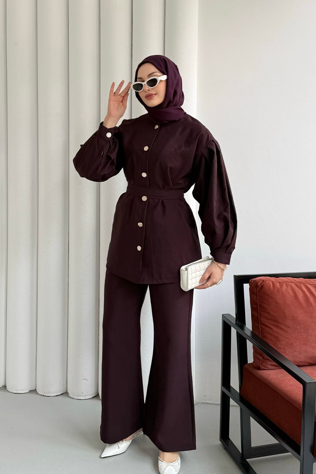 Ön Gold Düğme Detaylı Pantolonlu Tesettür Takım-BORDO