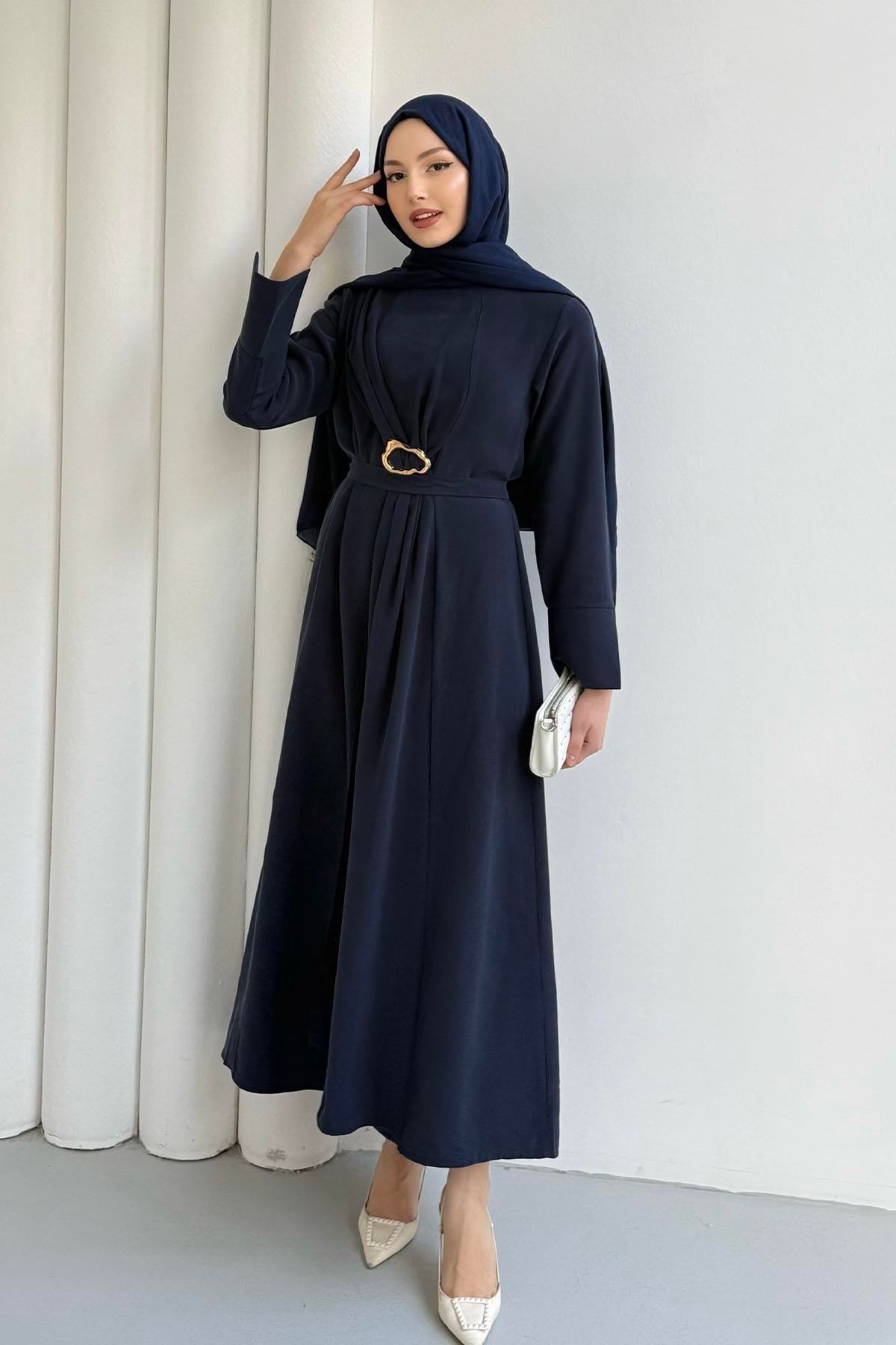 Ön Toka Detaylı Modal Tesettür Elbise-LACİVERT