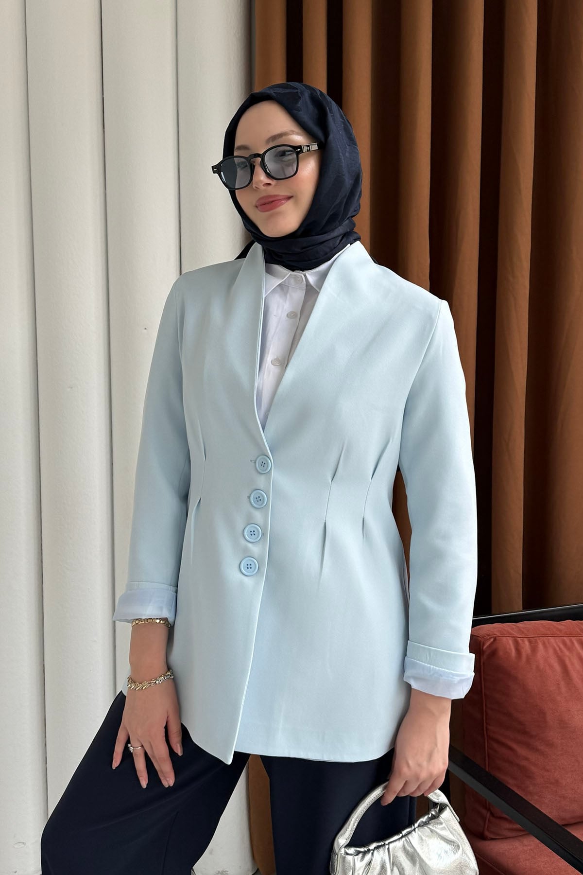 Ön Ve Arka Çift Pensli Yakasız Ceket-BEBE MAVİ