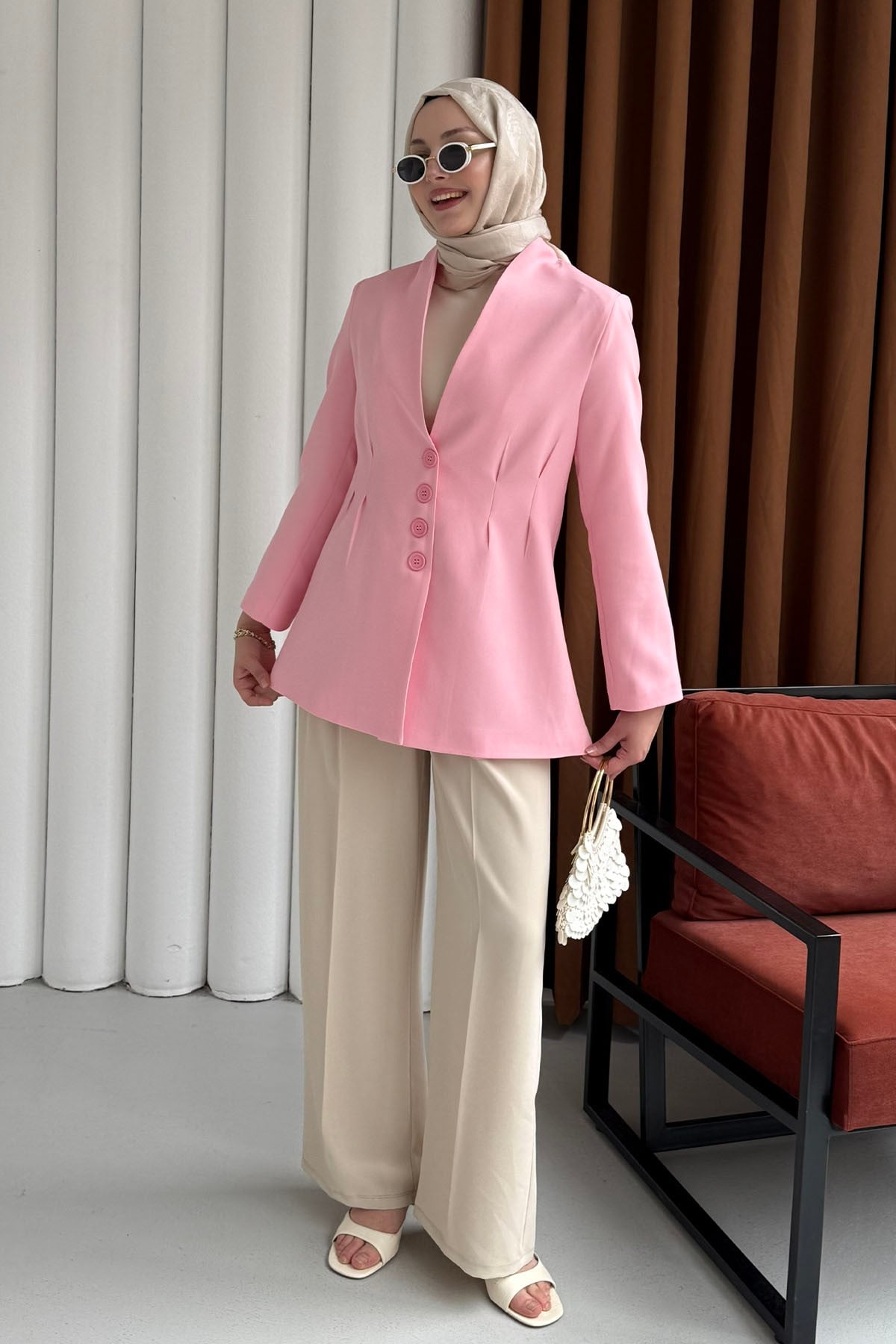 Ön Ve Arka Çift Pensli Yakasız Ceket-PEMBE