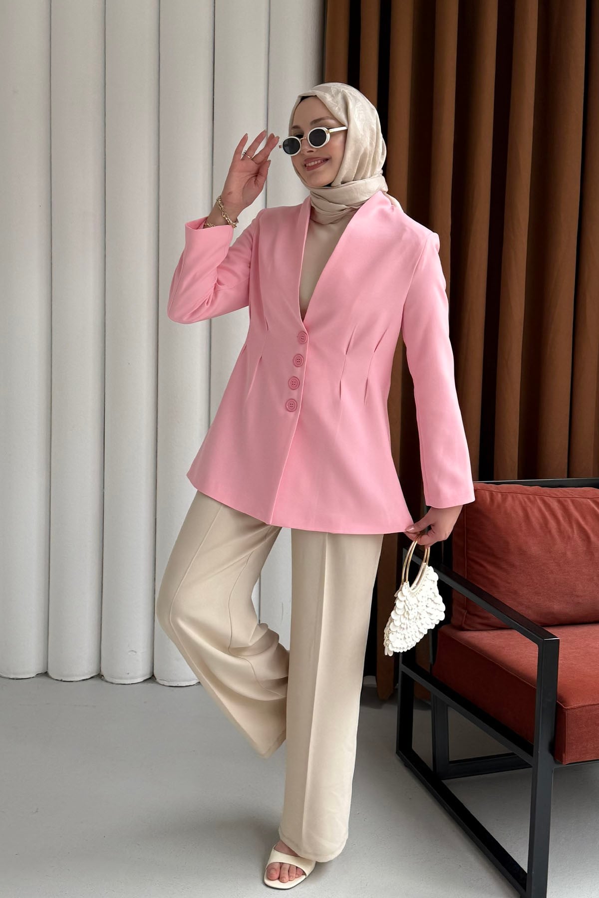 Ön Ve Arka Çift Pensli Yakasız Ceket-PEMBE