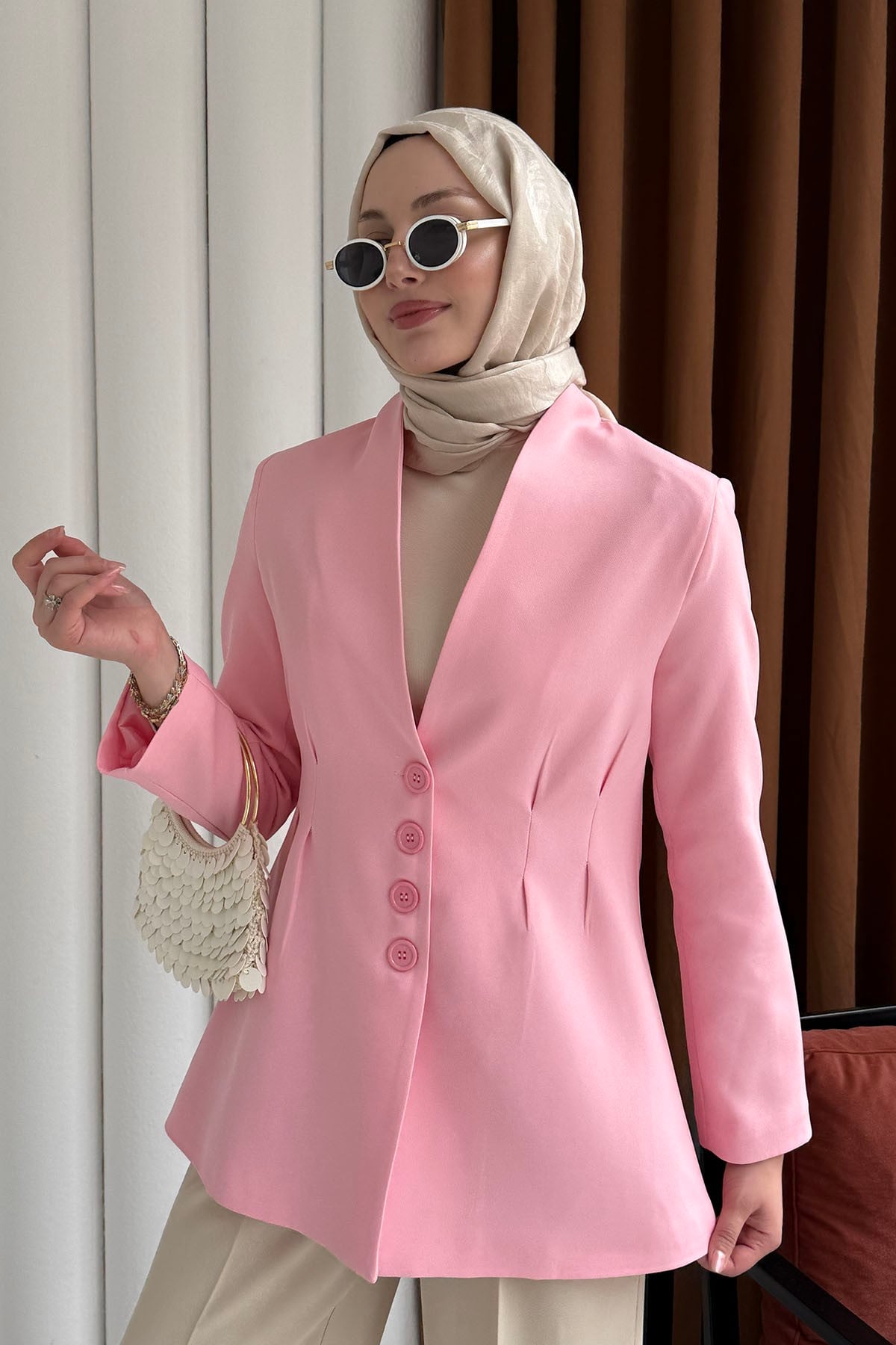 Ön Ve Arka Çift Pensli Yakasız Ceket-PEMBE