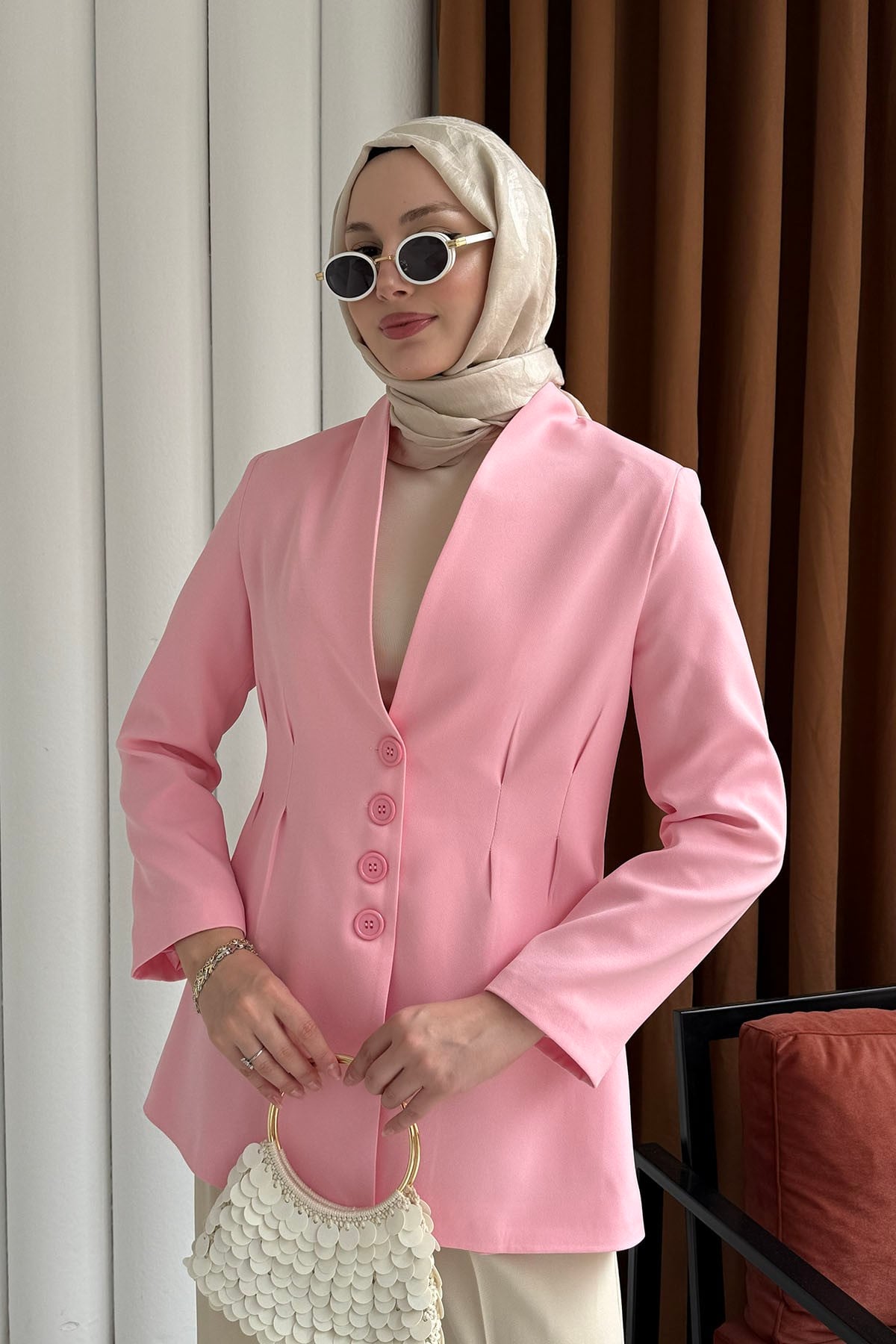 Ön Ve Arka Çift Pensli Yakasız Ceket-PEMBE
