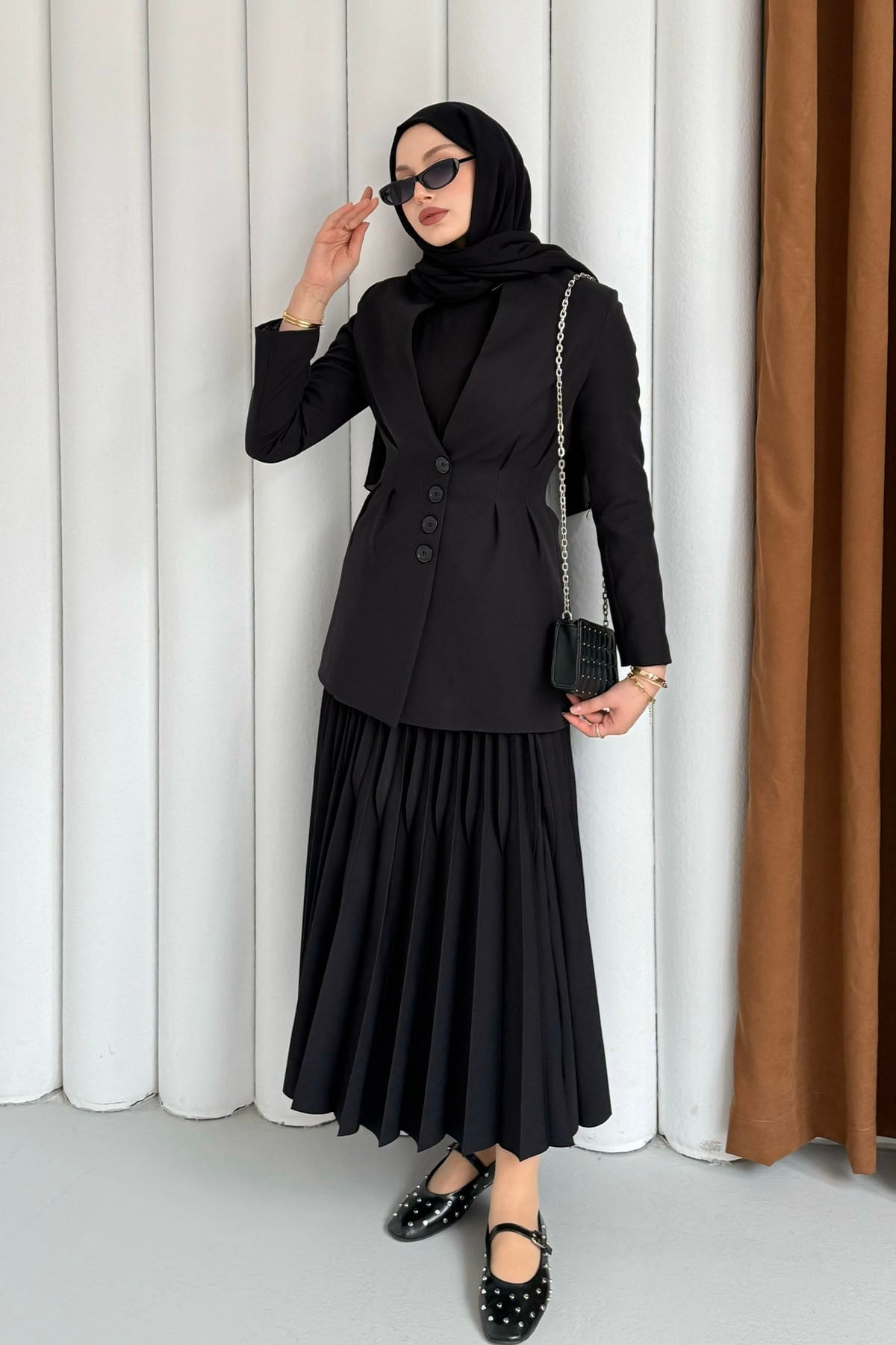 Ön Ve Arka Çift Pensli Yakasız Ceket-SİYAH