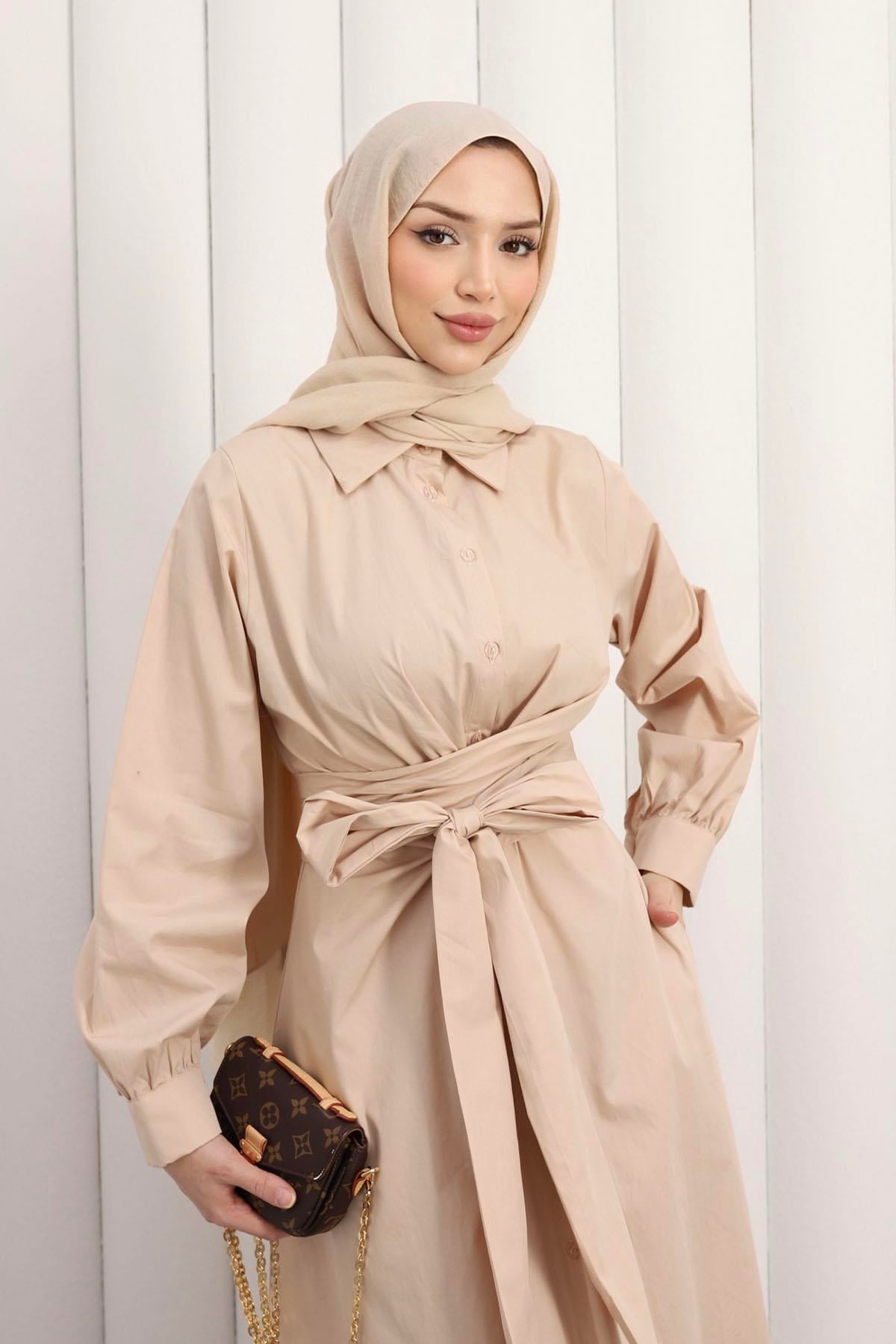 Önden Bağlamalı Poplin Tesettür Elbise-TAŞ