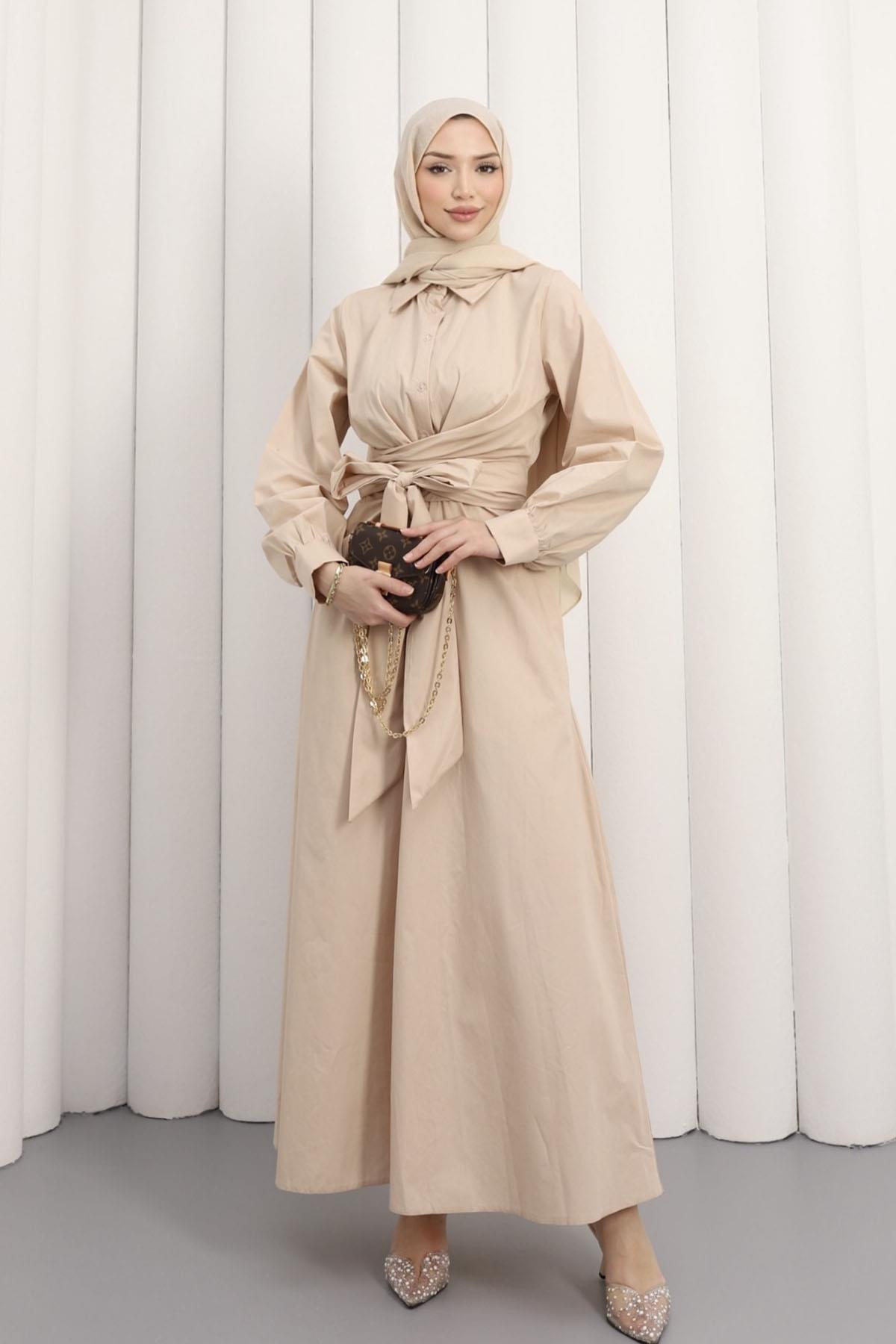 Önden Bağlamalı Poplin Tesettür Elbise-TAŞ