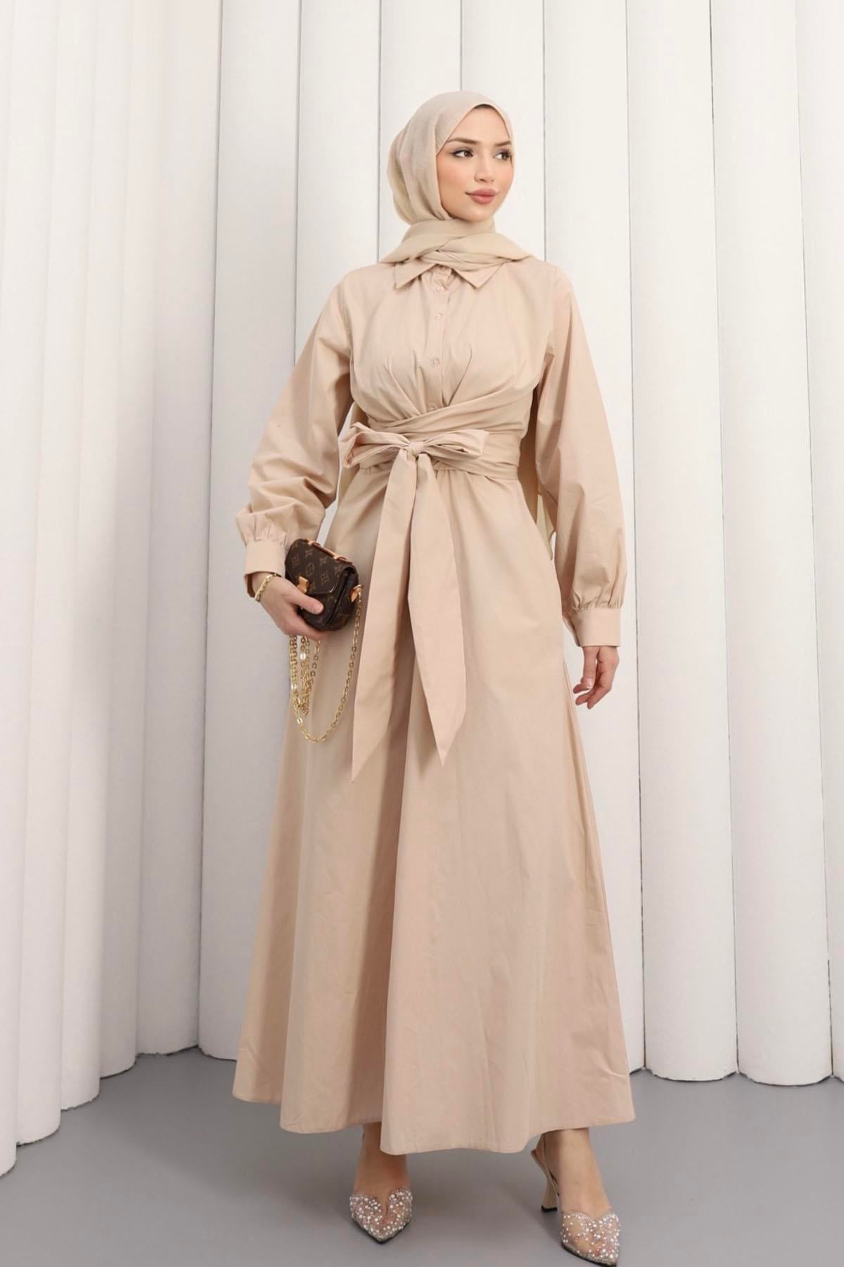 Önden Bağlamalı Poplin Tesettür Elbise-TAŞ