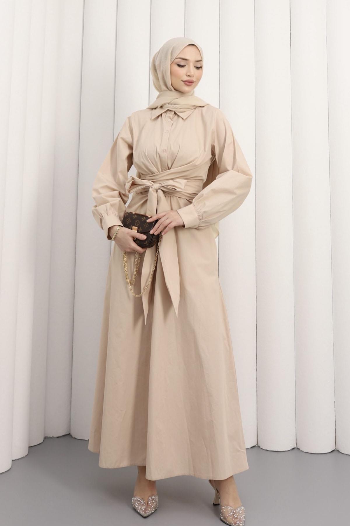 Önden Bağlamalı Poplin Tesettür Elbise-TAŞ